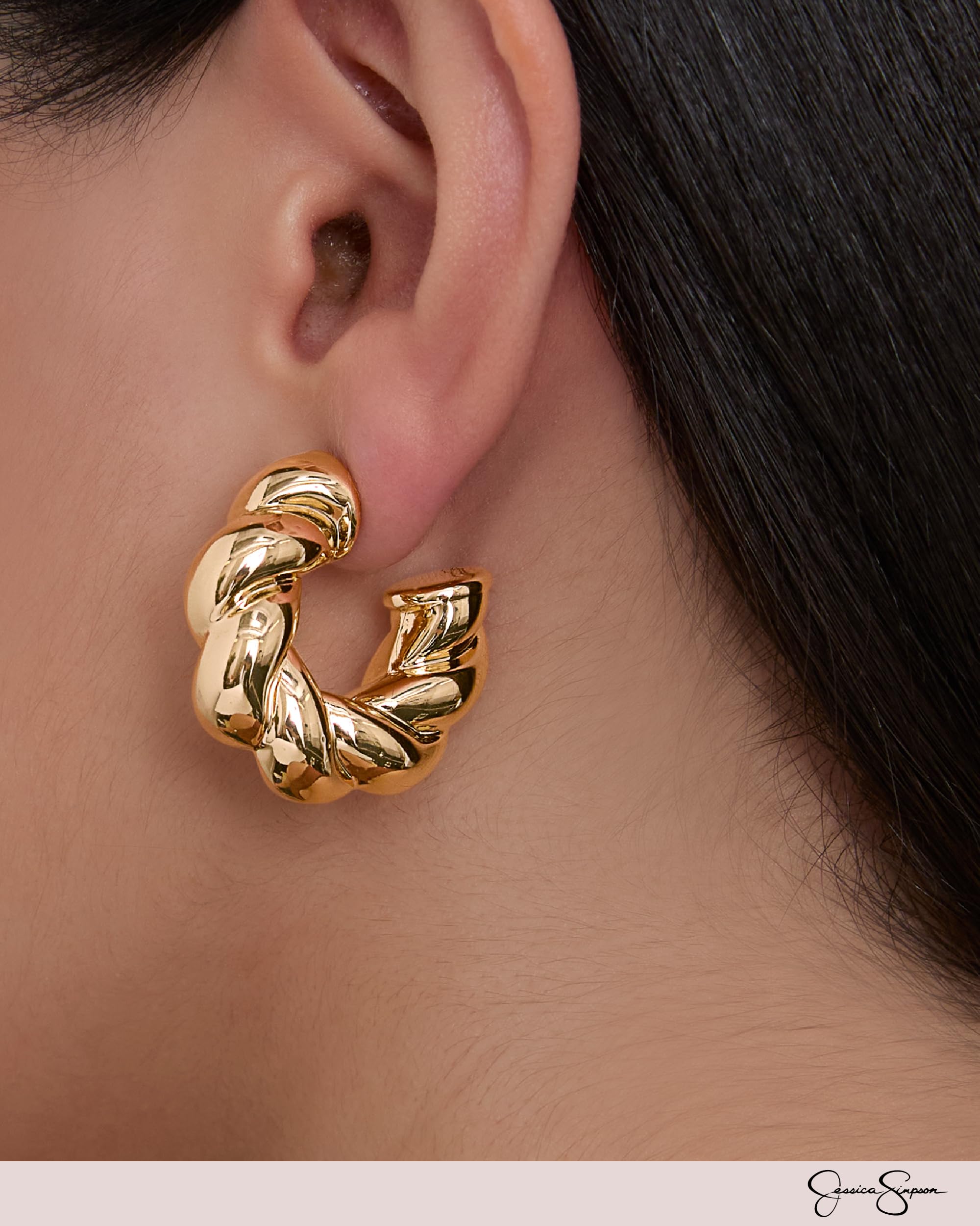 Jessica Simpson Gold-Tone Earrings Pack for Women Set of 3 with Crystal Accents, 2 Stud Earrings and 1 Pair of Chunky Hoops