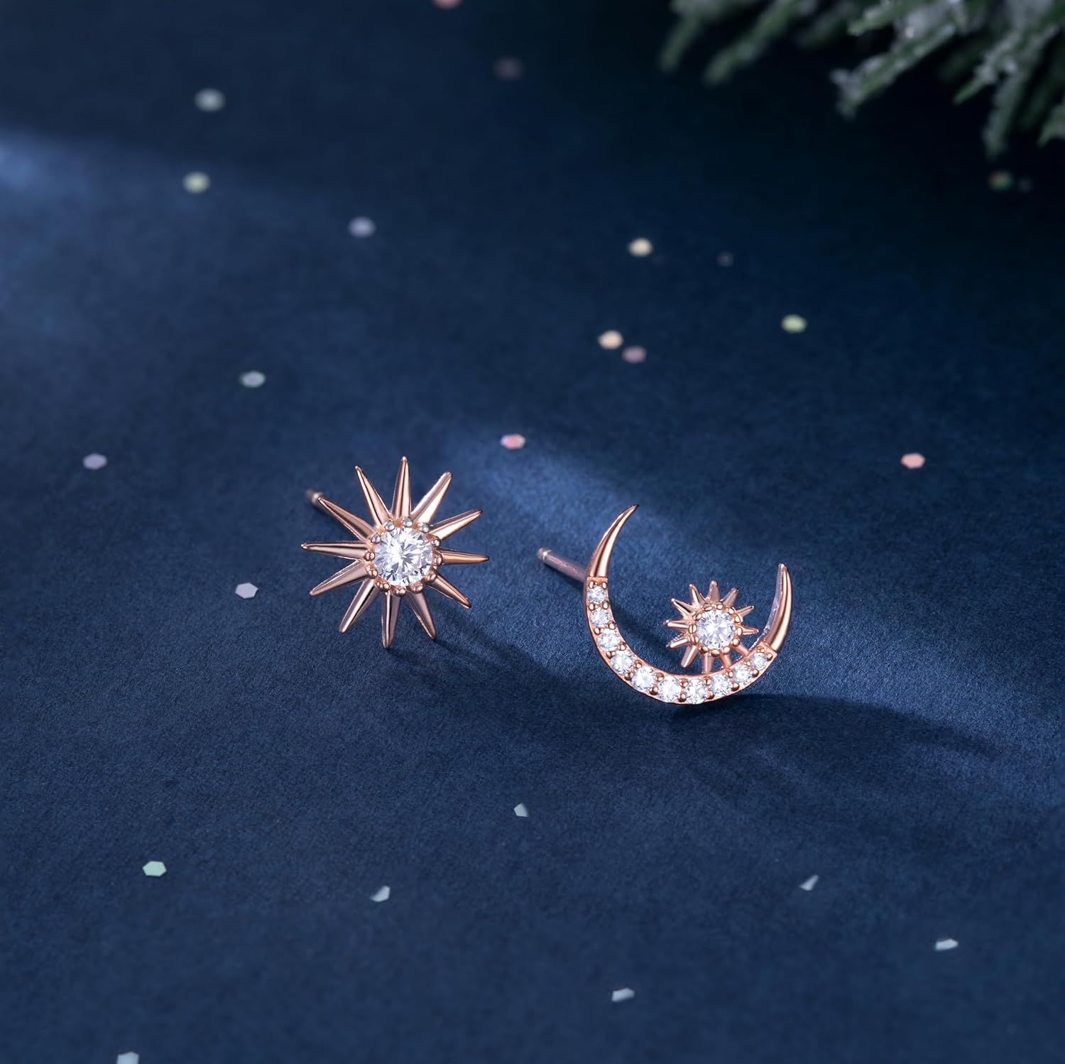 Reffeer Solid 925 Sterling Silver CZ Moon Star Earrings Stud for Women Teens Moon Sun Studs Earrings Asymmetric - Image 4