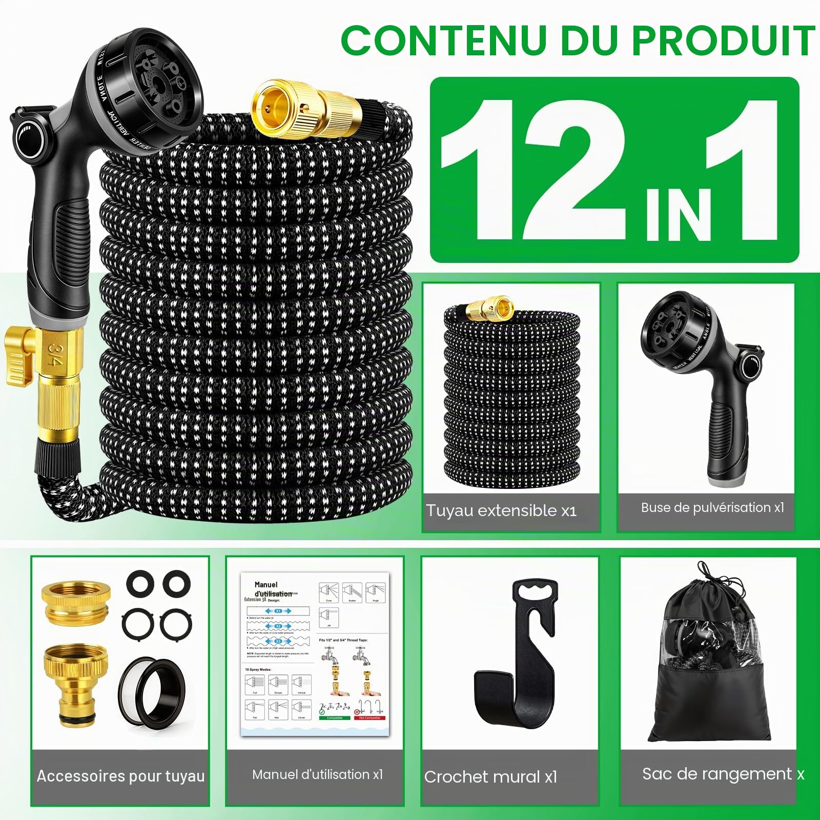 Tuyau Arrosage Extensible 15m, Tuyau d'arrosage Retractable avec 1/2" et 3/4" Adaptateur, Tuyaux d'arrosage avec 10 Modèles de Pulvérisation pour Jardin Irrigation Nettoyage Laver la Voiture