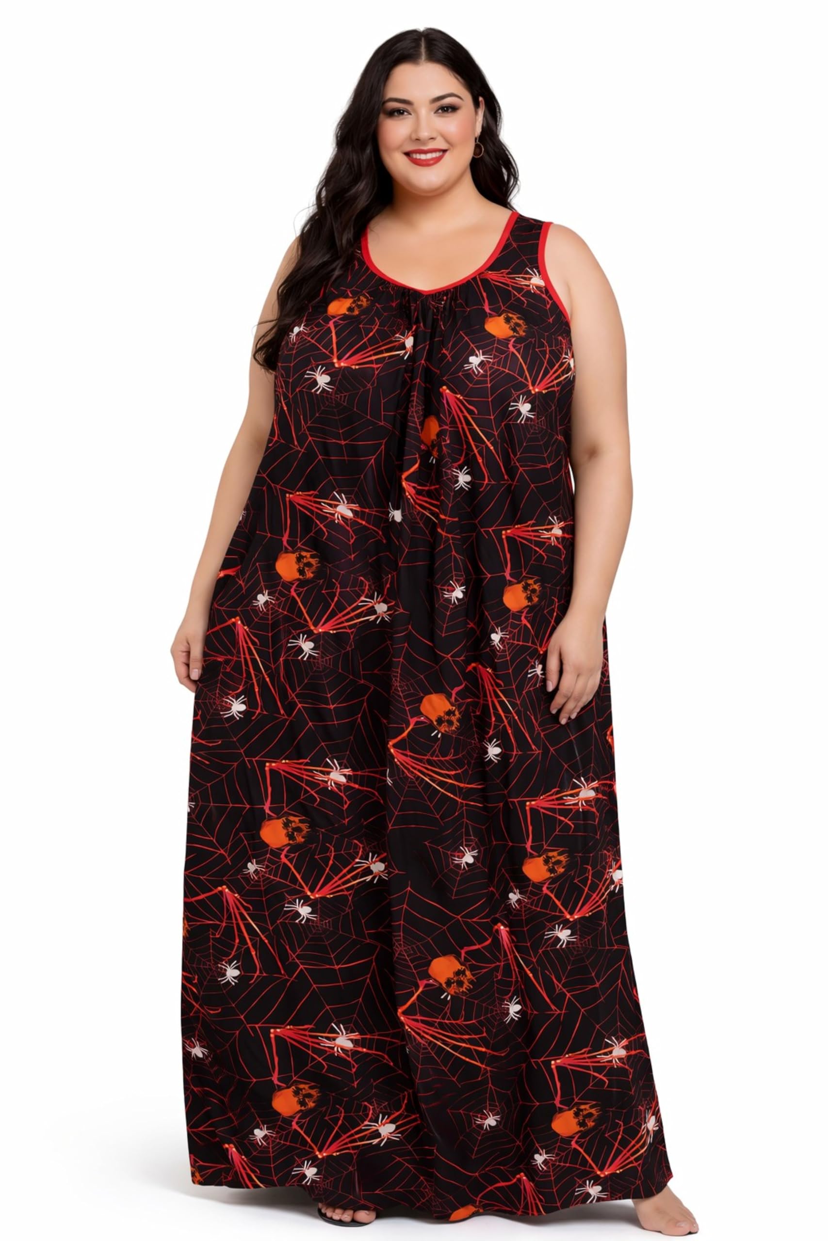 Plus Size Rayon Sleeveless Nightie for Women, Halloween Spider Web and Skull Print, Maxi Length Black-image-10