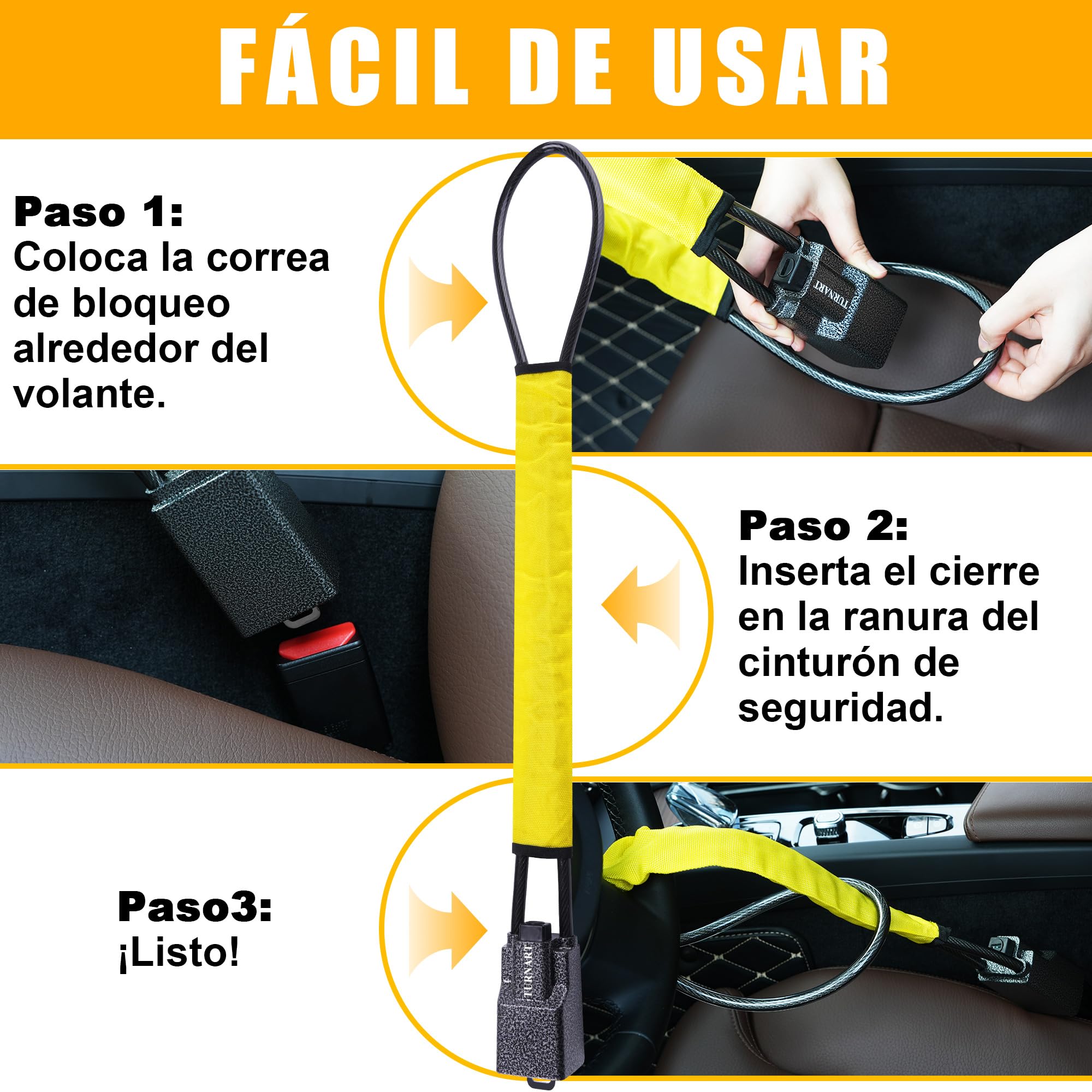 Bloqueo de volante Turnart, compatible con la mayoría de los modelos. Bloqueo antirrobo para automóviles resistente y duradero, apto para turismos, camiones, SUV y furgonetas; incluye 3 llaves
