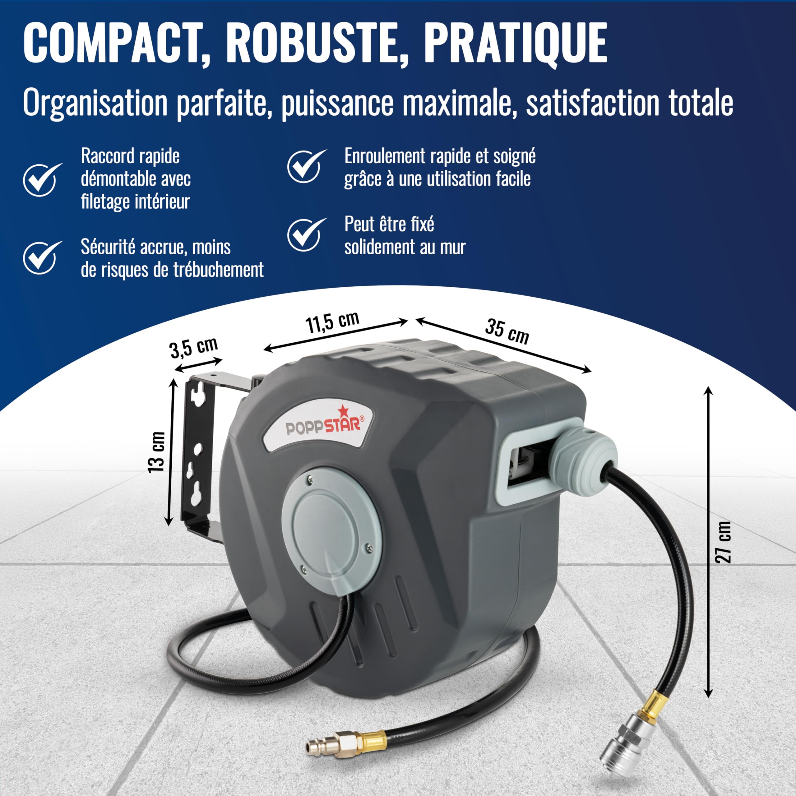 POPPSTAR Enrouleur de tuyau à air comprimé automatique (10m + 1m, diam. intérieur 5/16" (8x12mm), 1/4"BSPT), dévidoir automatique rétractable, Gris