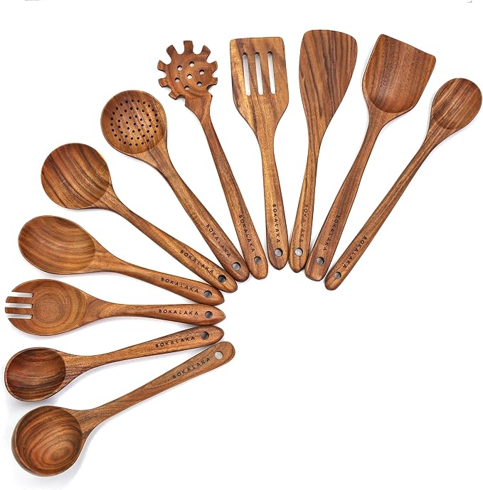 Wooden Spoons for Cooking,10 Pcs Natural Teak Wooden Kitchen Utensils Set Wooden Utensils for Cooking Wooden Cooking Utensils Wooden Spatulas for Cooking (10)