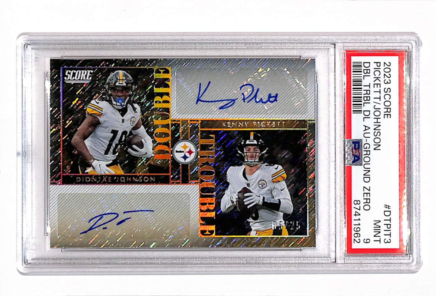 2023 Score Football #DT PIT3 Kenny Pickett Diontae Johnson Dual Auto PSA 9 Mint Case Hit SSP 5/25