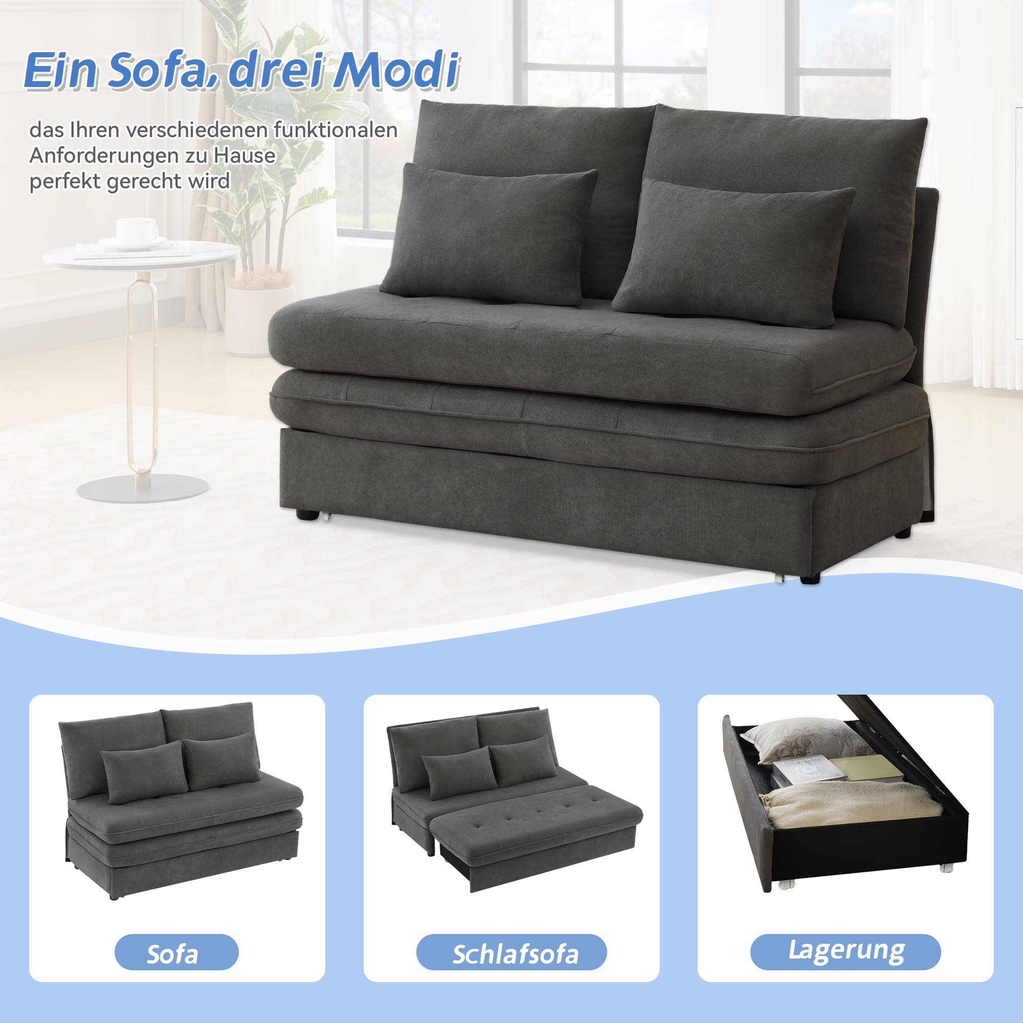 Doppelsofa, Polstersofa, klappbares Schlafsofa,Schlafsofa mit Schlaffunktion, Chenille-Stoff, Dicke Kissen, ausziehbare Aufbewahrungsbox. Geeignet für Wohnzimmer (Grau)