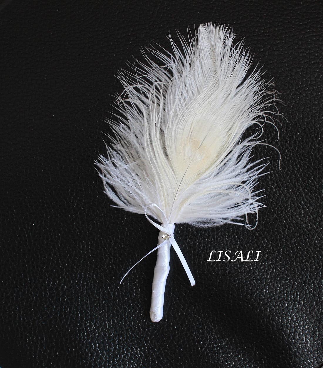 LISALI 11" White Feather Bouquet,Feather Fan, Bridesmaid Peacock Handfasting, Boutonnere,20s Gatsby Vintage Wedding Bouquet (White/Boutonniere)