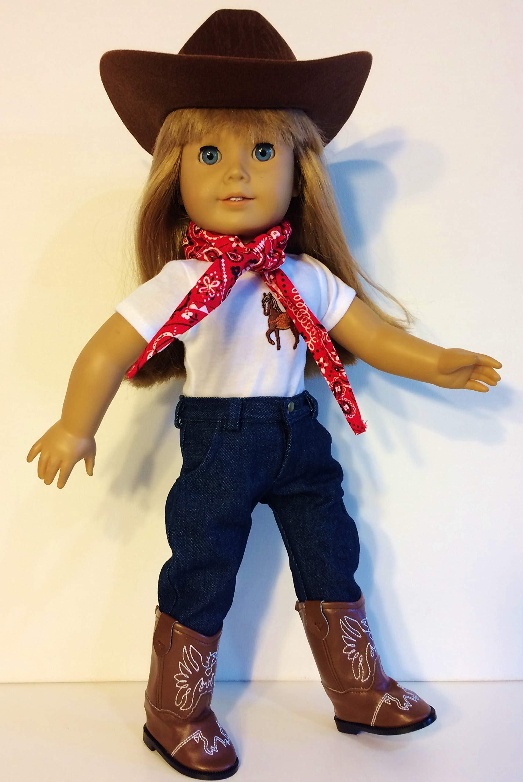 Western Cowgirl Cowboy Outfit ~ 18 Inch Doll Clothes for American Girl Brown HAT, Brown Boots, Jeans