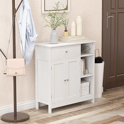 Miniatura 4 de Armario de baño, armario de almacenamiento de piso con 1 cajón, 3 compartimentos abiertos, estantes ajustables, armario decorativo para sala de