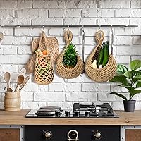 Vista 3 de 9 cestas colgantes de yute para cocina, cestas de pared tejidas estilo bohemio, almacenamiento de productos para ajo, cebolla, papa, plátano, ahorro