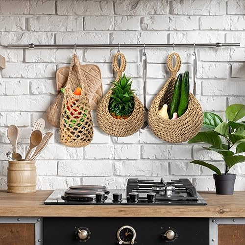 Miniatura 3 de 9 cestas de frutas colgantes de yute para cocina, cesta colgante bohemia tejida de pared, cesta de almacenamiento de ajo para papa, cebolla,