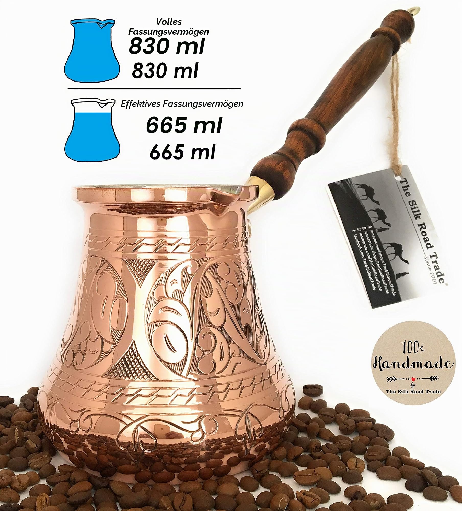 PC-Serie (XXL) – dickster massiver Kupfer-gravierter und gehämmerter türkisch-griechisch-arabischer Kaffeekanne mit Holzgriff, strapazierfähig, Cezve, Ibrik (828 ml)
