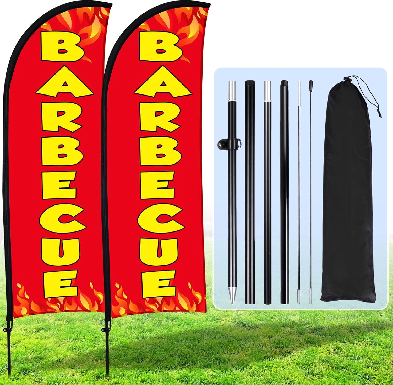 Buryeah 2 Sets Barbecue BBQ Feather Flag Kit 7 x 5.4 ft Barbecue Flag Banner with Pole Ground Stake and Portable Bag for Restaurant BBQ Sign Business Advertising Outside Ground(Red)