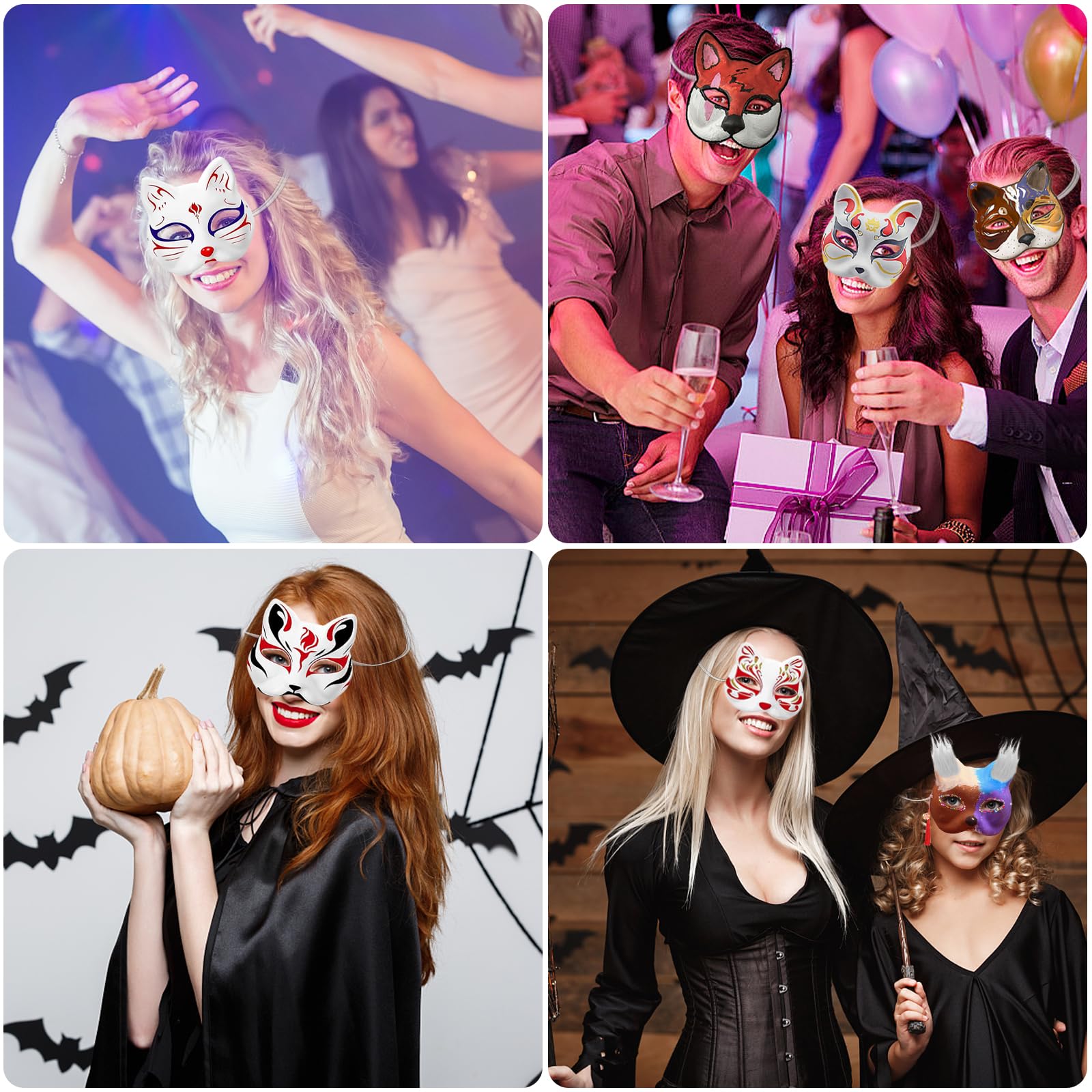 5 Pezzi Maschera Gatto, Therian Mask con Nappe, Campanelle, Pelliccia, Adesivi Cristallo, Maschere Carta Dipinte Mano, Maschera da Gatto Adatto per DIY Halloween Mardi Gras Festa Maschera (Bianco)