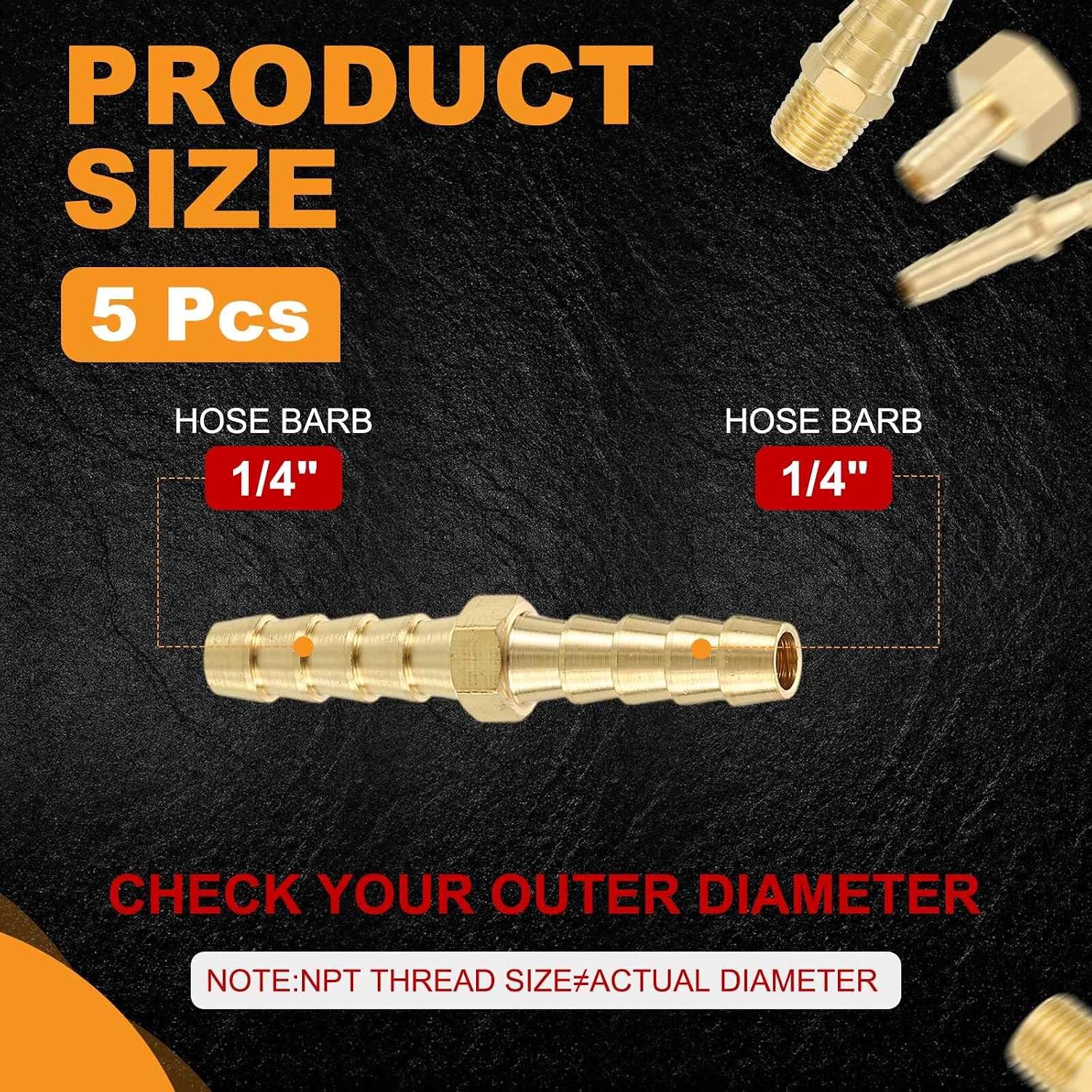 HARFINGTON 5pcs 1/4" to 1/4" Brass Hose Barb Fitting Metals Splicer Mender for 3D Printing, Air Compressor, CNC Machine, Dies