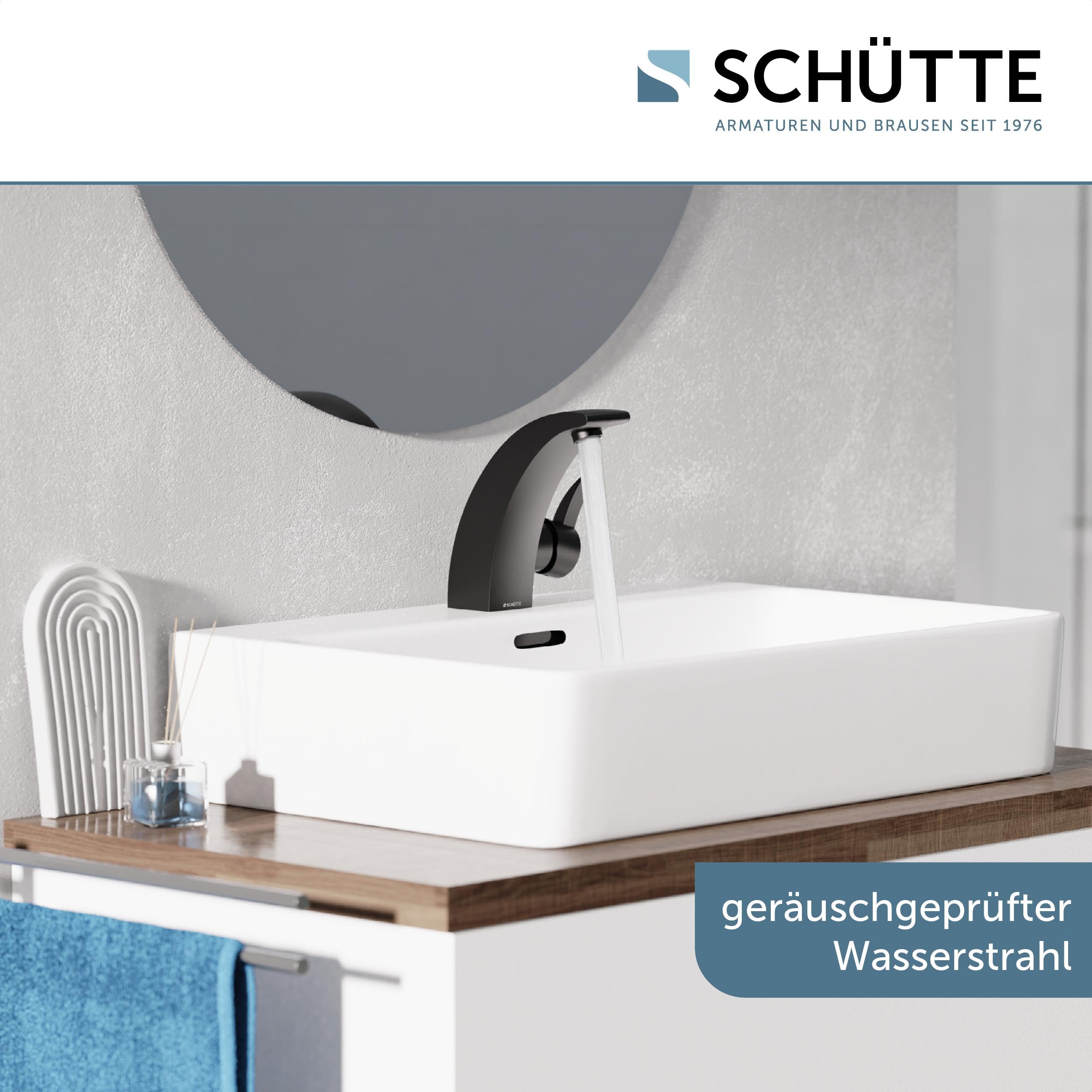 SCHÜTTE 98106 PANAMA Design Wasserhahn Bad, Moderne Waschtischarmatur fürs Badezimmer, Elegante Einhebel Mischbatterie Waschbecken mit Pop Up Abflussstopfen, Schwarz