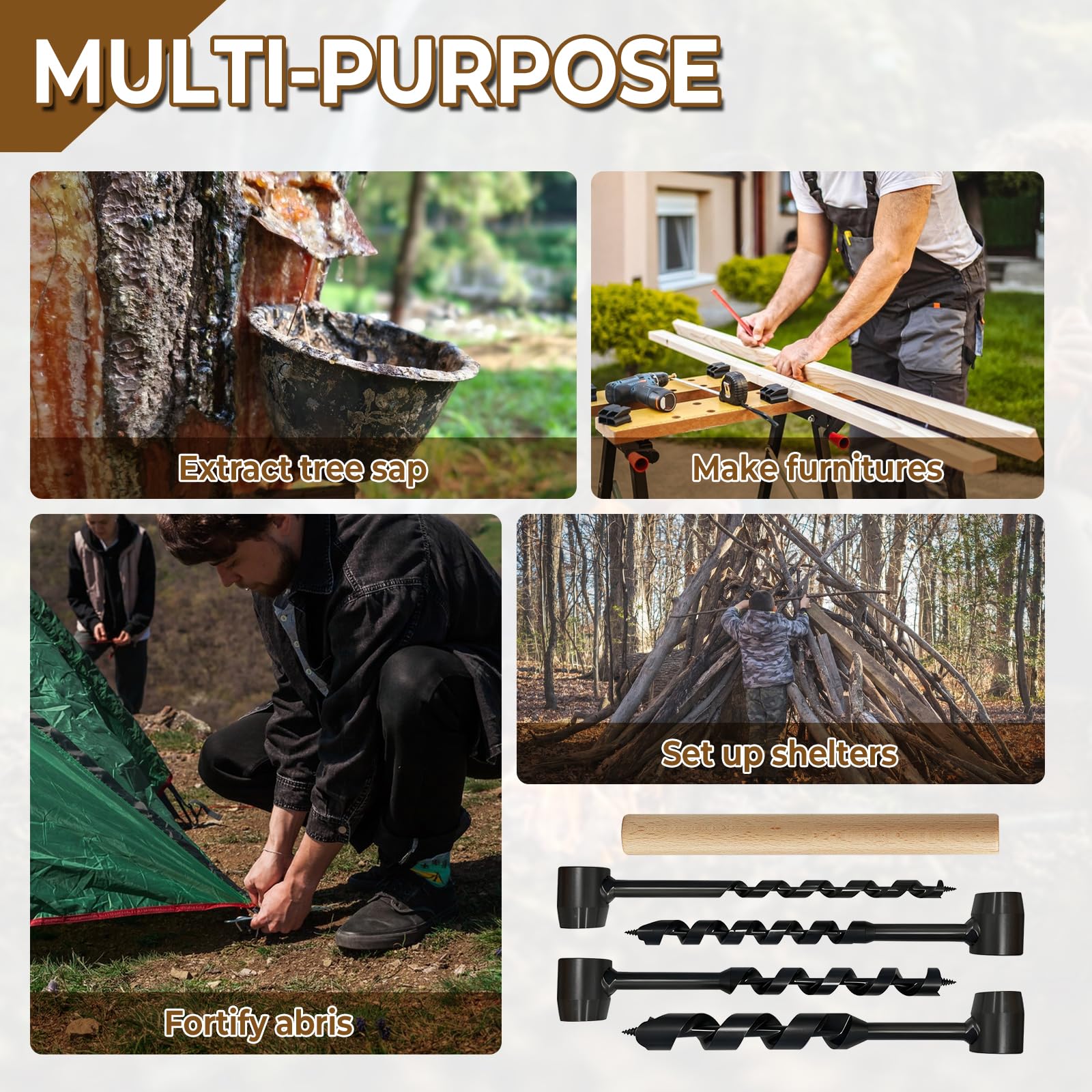 Tournevis manuel Bushcraft, tournevis multifonctionnel Bushcraft, tournevis manuel pour travail du bois, tournevis pour travail du bois, survie en plein air, camping (5 pièces)