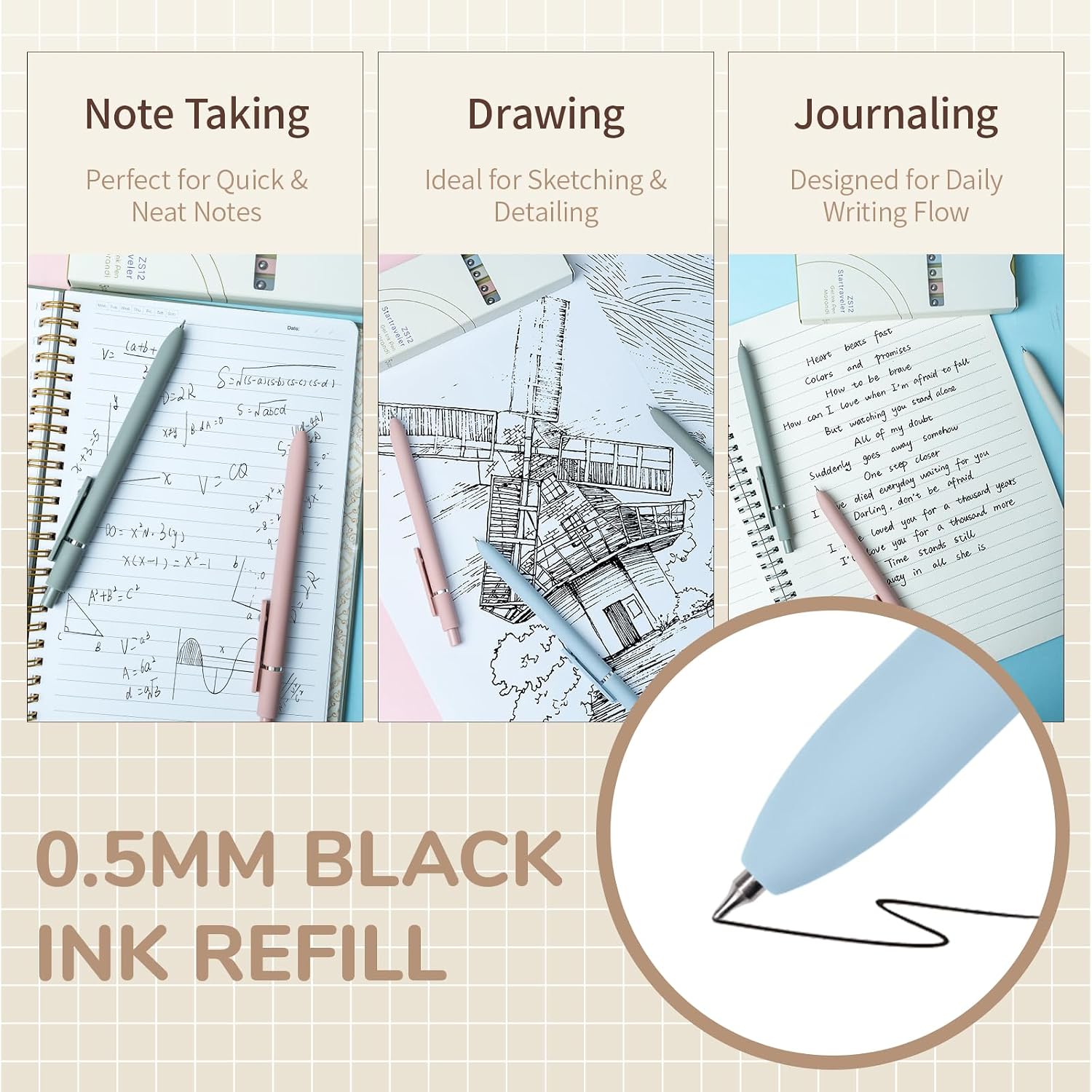 YOXMJDB Gel Pens, 5 Pcs 0.5mm Fine Point Smooth Writing Japanese Cute High-End Series Black Ink Pens for Journaling Note Taking, School Office Supplies for Women Men (5 Pcs Morandi) image 4