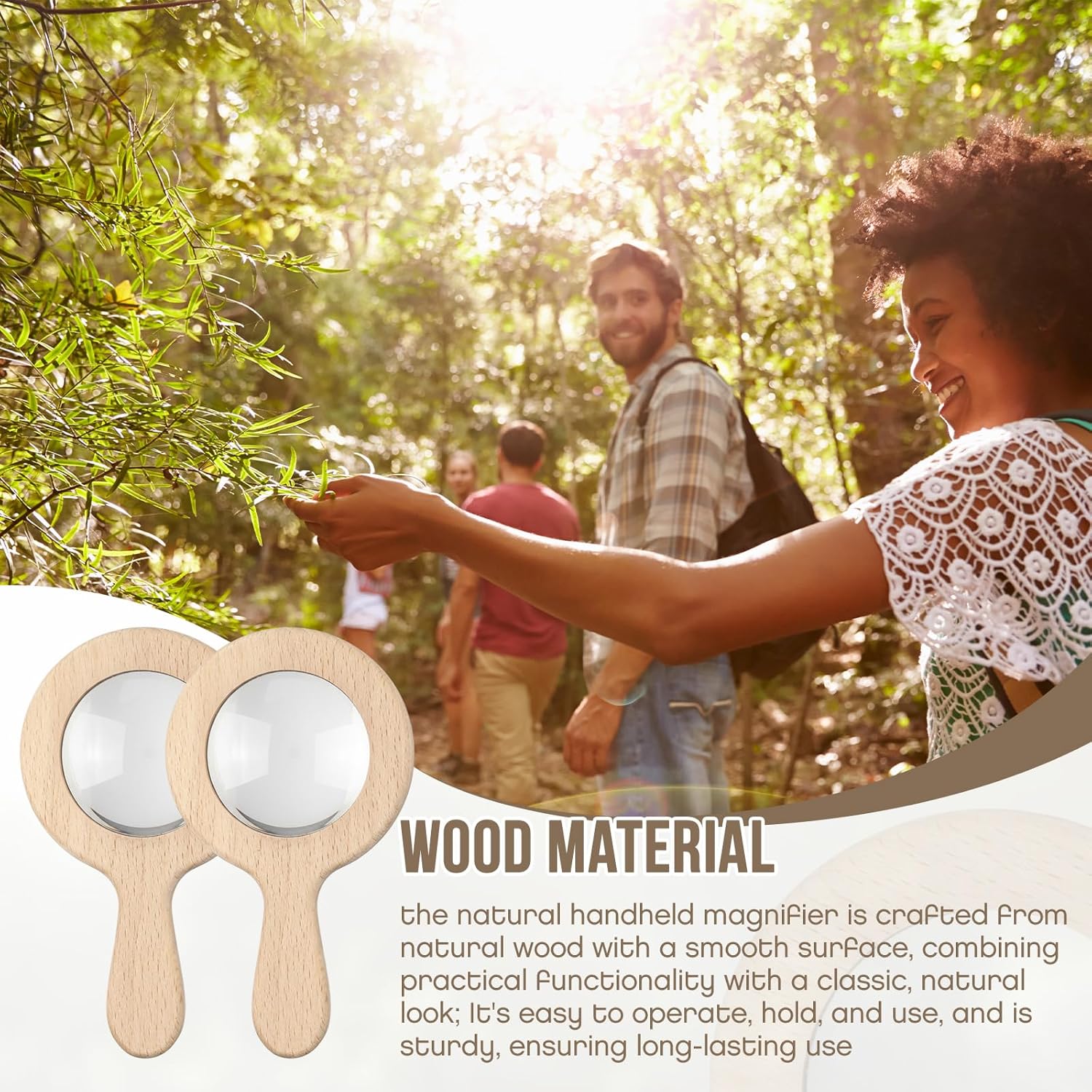 FairySandy Wooden Magnifying Glass Set of 4, Wood Natural Handheld Magnifier Wooden Learning Adventure Toy Reading Magnifier for Elderly, Outdoor Exploration, Reading, Crafts, Collectibles, 5 x 3 Inch