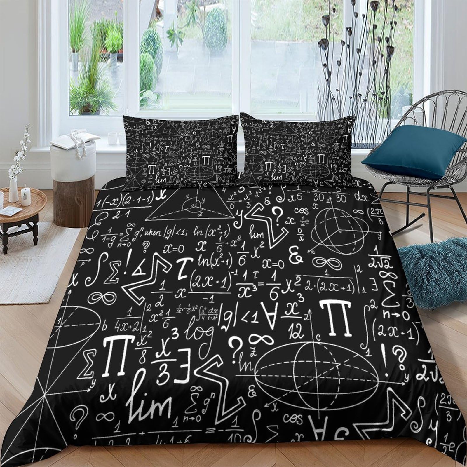 Ctjqhvkz Style-5 3D Printed Math Formula Fitted Sheet Microfiber Black White Geometry Bed Cover Non Slip Machine Washable Bedroom Decor Single（135X200cm）