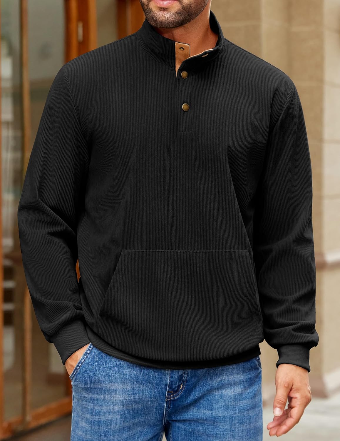 COOFANDY Mens Corduroy Sweatshirt Long Sleeve Pullover Quarter Button Fall Sweat Shirts - Image 5