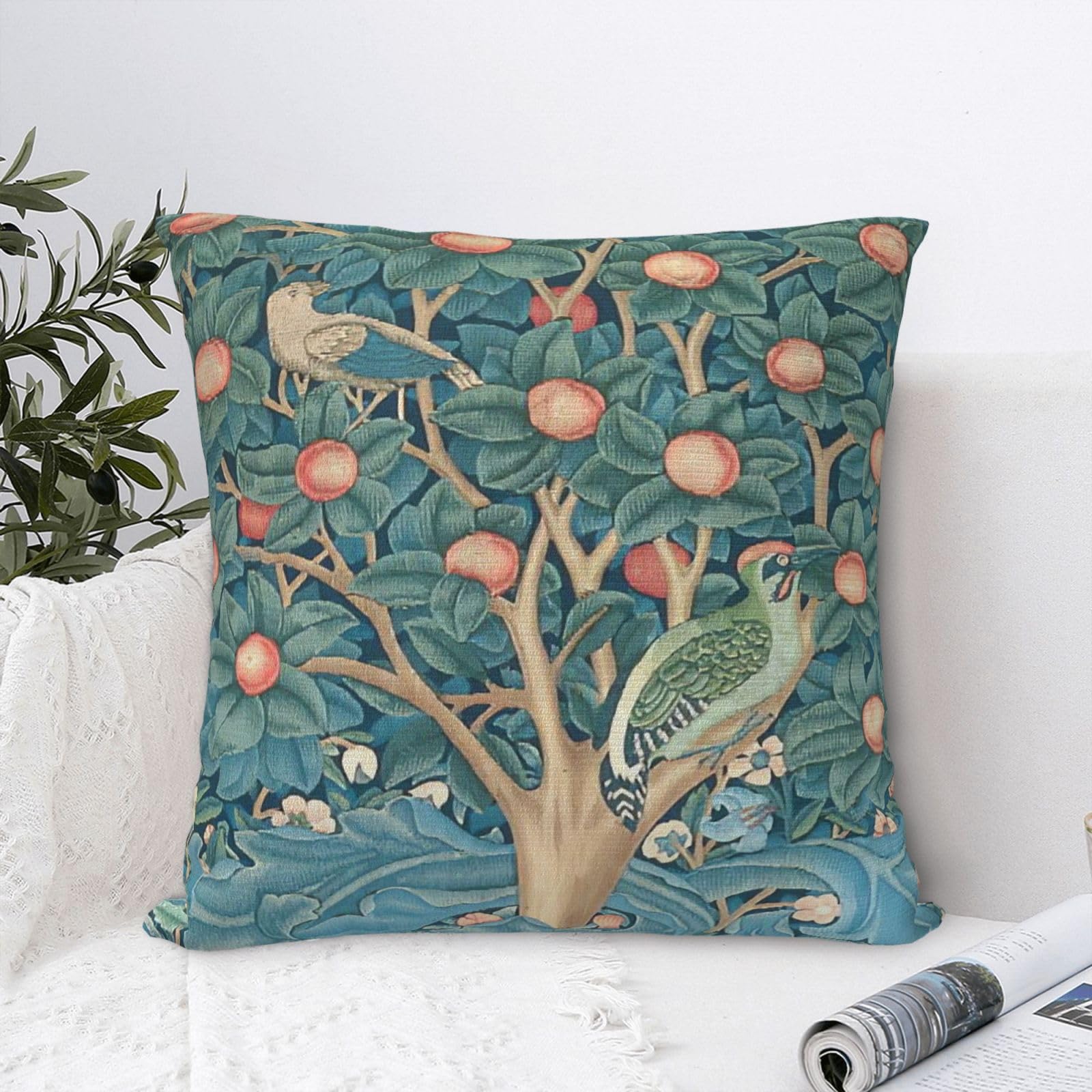 Bird William Morris Greenery Forest Animals Pheasant Fox Blue Green Floral Decorative Throw Pillow Covers 18x18 inch Cozy Soft Pillowcase Aesthetic Cushion Cover for Home Decor Sofa Living Room