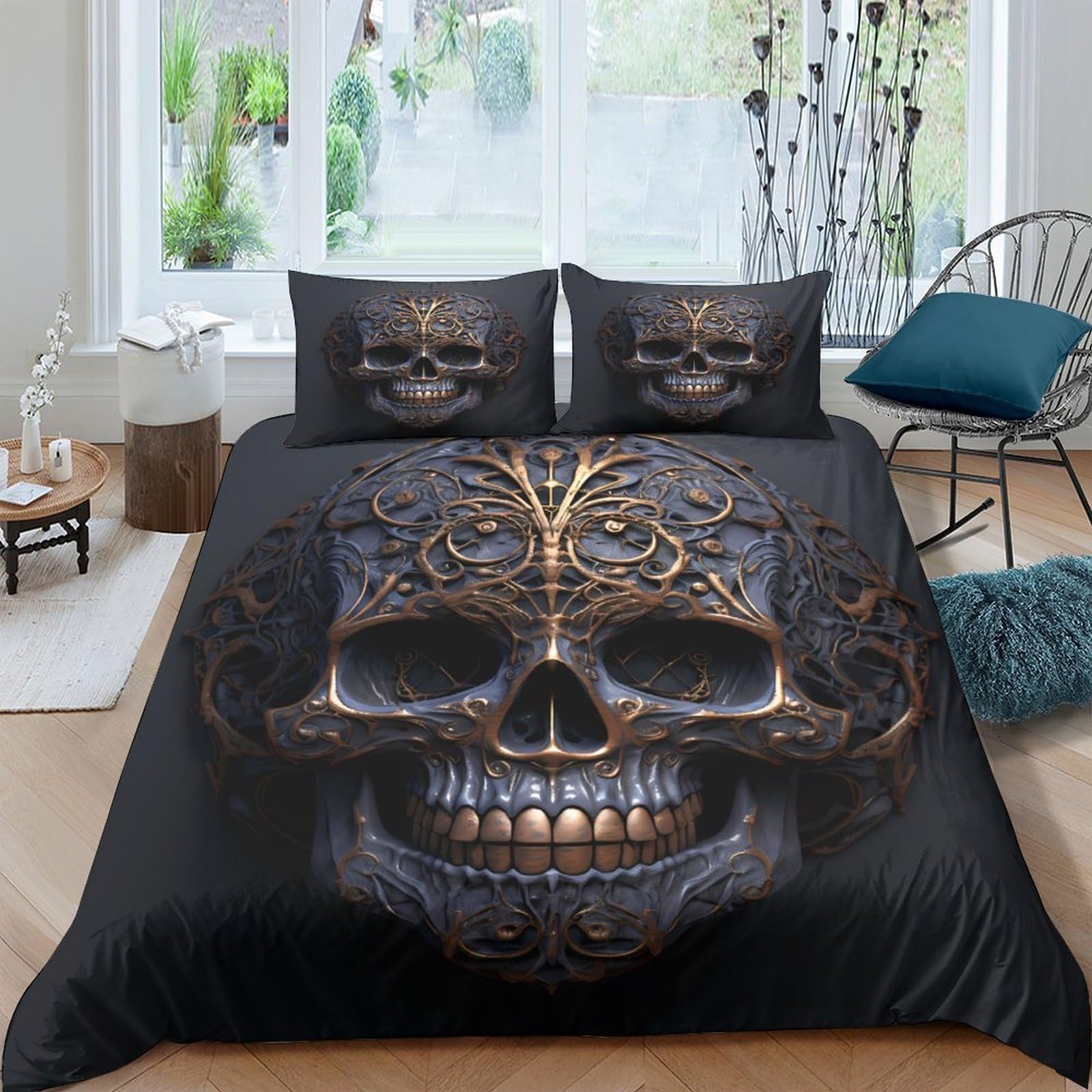Ctjqhvkz Style-9 3D Printed Gothic Skull Fitted Sheet Microfiber Soft Black Gold Baroque Skeleton Bed Cover For Bedroom Dorm Mattress Protection Decor Single（135X200cm）
