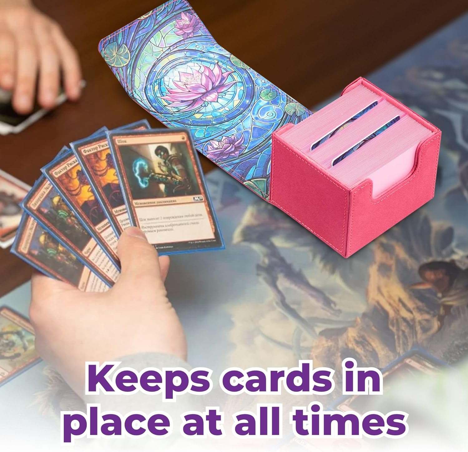 Arcane Fortress MTG Deck Box – Commander Deck Box for 120 Sleeved Cards with Art Interior – Leather Dividers, Nano-Fiber Exterior, Magnetic Closure – Perfect for Magic The Gathering, TCG - Pink