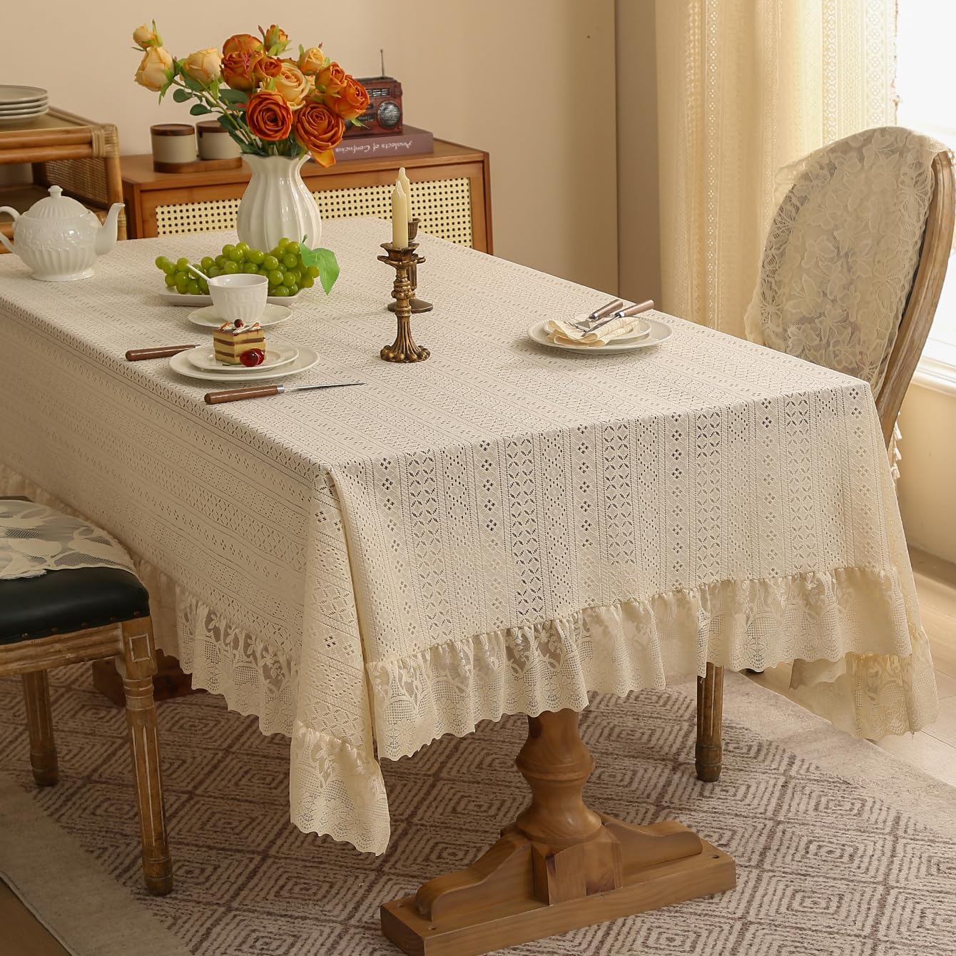 vctops Beige Lace Ruffle Table Cloth, Vintage Boho Cutout Geometric Pattern Tablecloth, Washable Table Cover for Rectangle Table Baby Shower Kitchen Party Wedding Decor (Beige A,55"x102")
