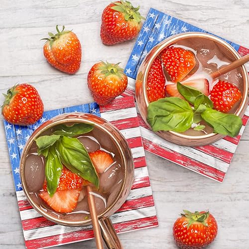 Miniatura 6 de Whaline Paquete de 80 servilletas de papel del 4 de julio, 6.5 x 6.5 pulgadas, servilletas de cóctel con estrellas y rayas, rústicas, Día de la