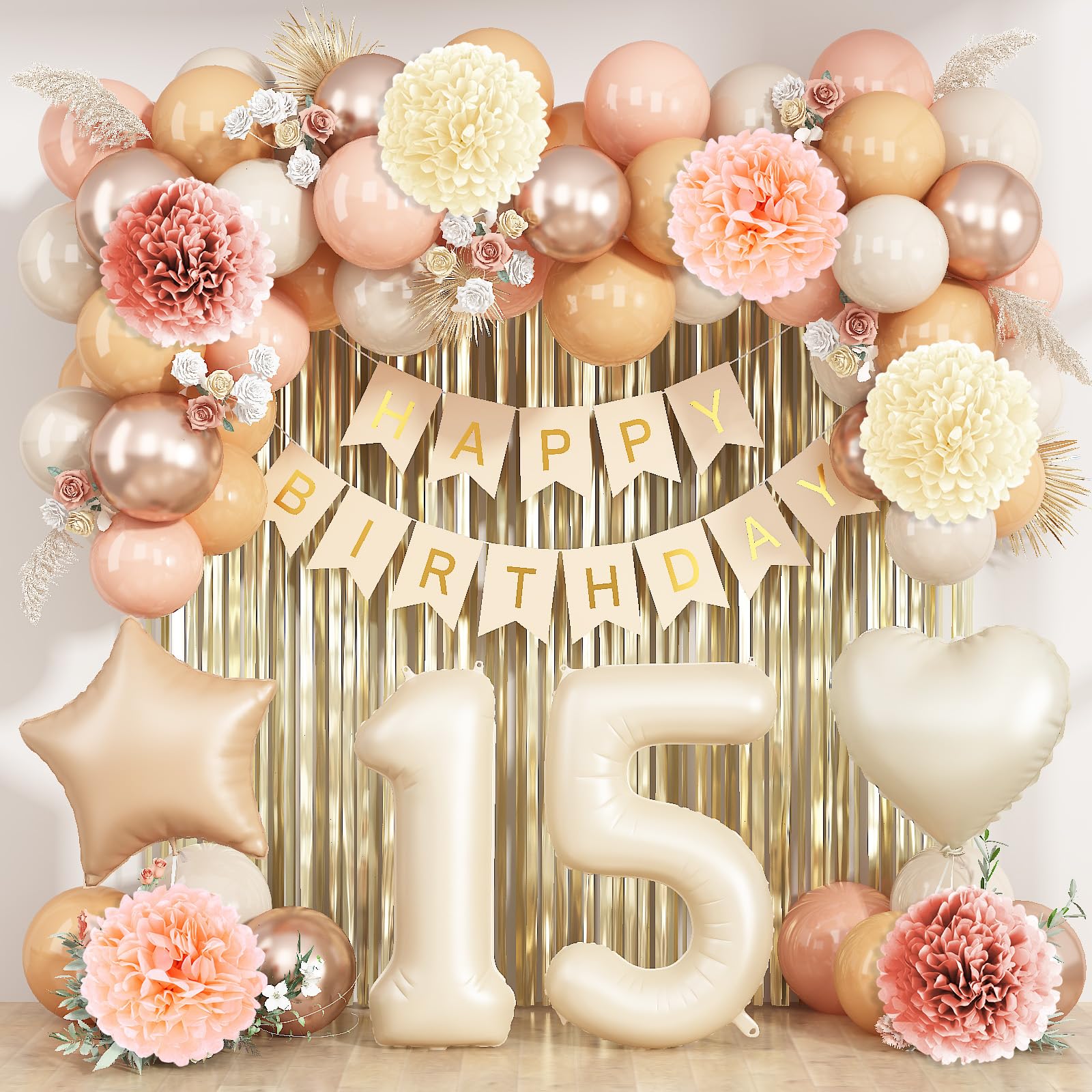 Beige Happy 15th Birthday Party Decoration Girls Cream Number 15 Balloon