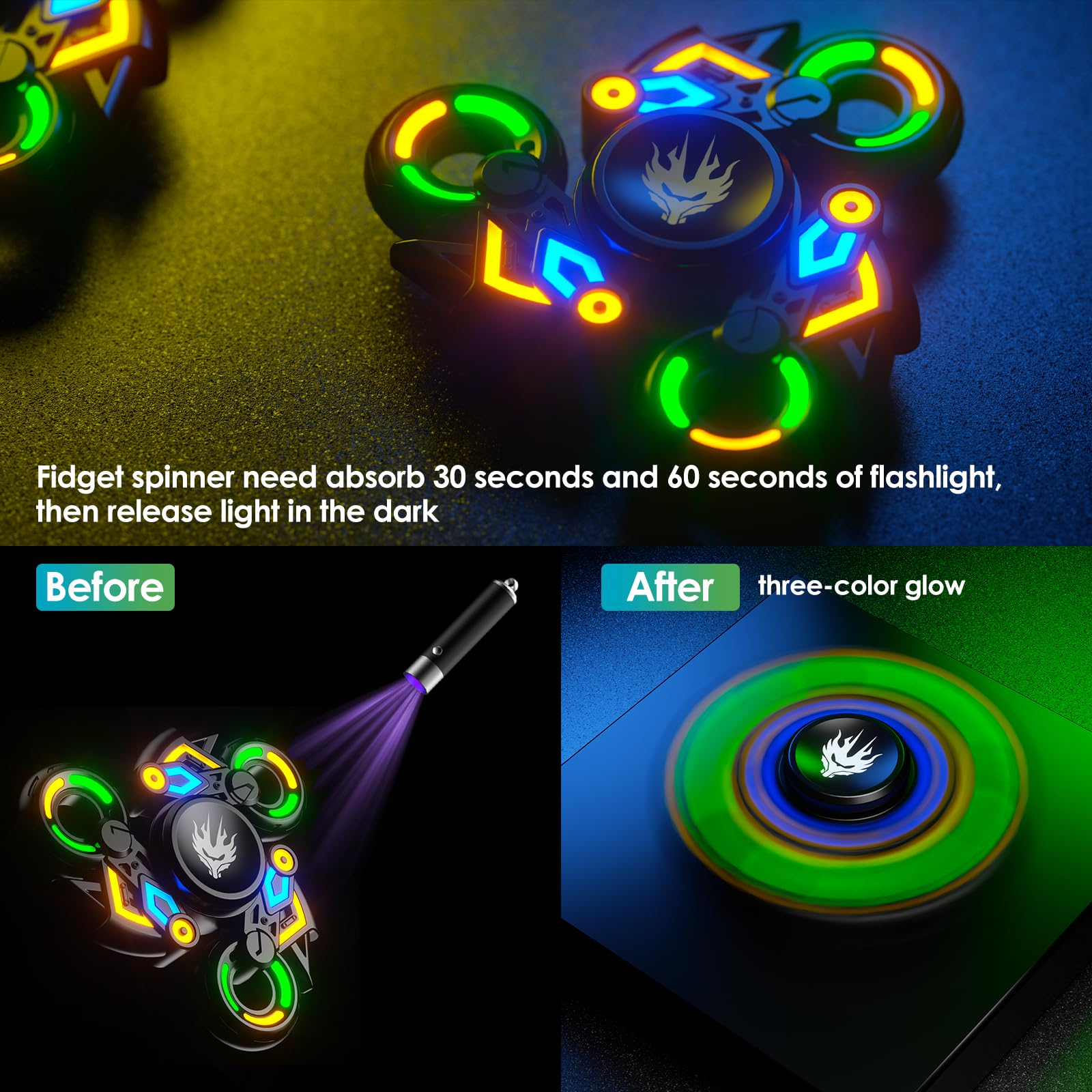 Toupies à main en métal avec lumière lumineuse verte/jaune/bleue, absorbe la lumière solaire puis relâche dans l'obscurité