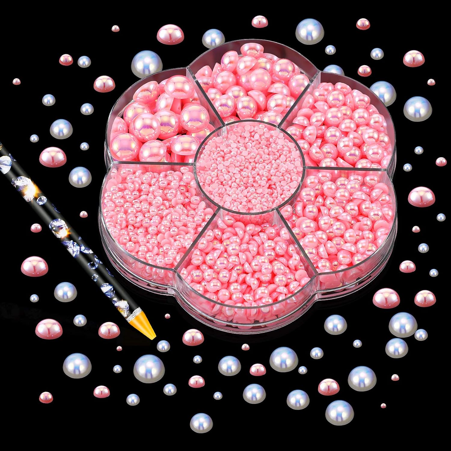 Approx. 11200 Pieces ABS Half Round Pearls Flatback Pearl Beads with Self Adhesive Resin Rhinestone Picker Pencil for DIY Phone Nail Face Art, Mixed Sizes 2/3/4/5/6/8/10 mm (White AB, Pink AB)