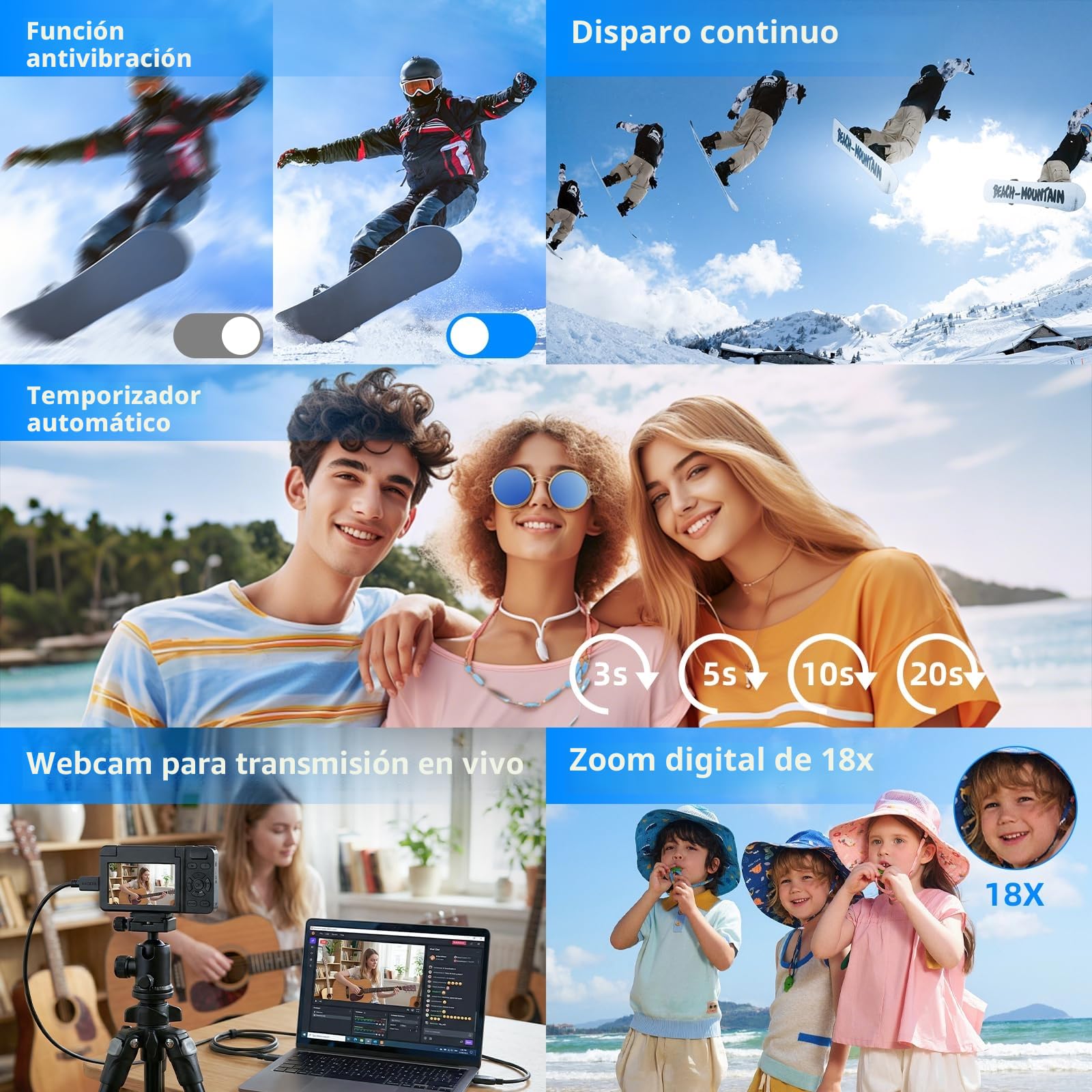 Cámara Digital 4K 64MP con Luz Beauty y Modo Belleza Cámara Digital Portátil con Pantalla Abatible 180° de 3" Zoom Digital 18X con Autofocus Cámara Compacta para Vlogging y Viajes Incluye Tarjeta 32GB