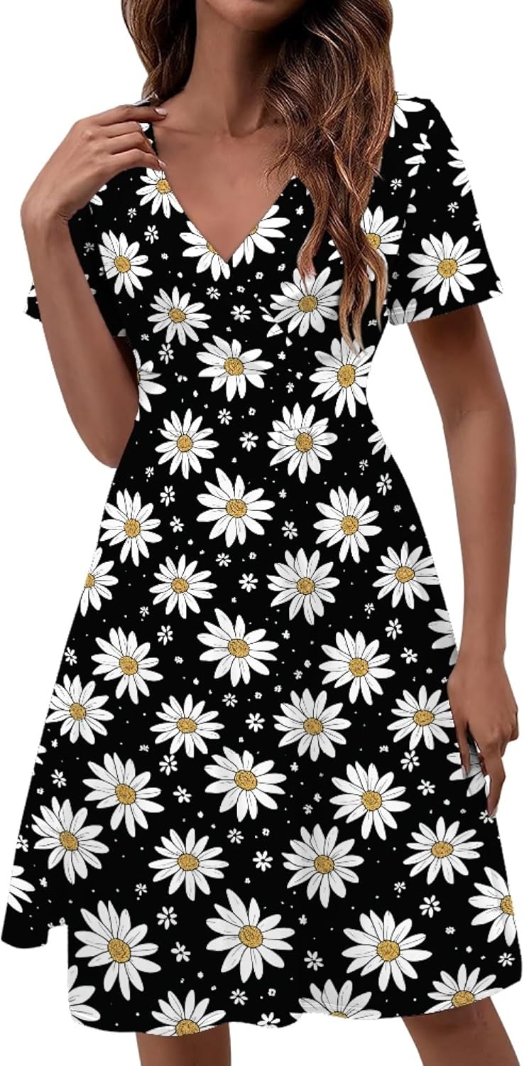 Women 2025 Floral Print Dresses Short Sleeve V Neck Empire Waist Mini Casual Dress Swing Flowy Sun Dress