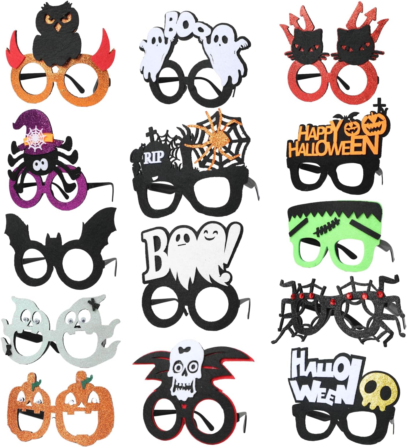 Baytion Halloween Eyeglasses,14PCS Novelty Toy Glasses Cosplay, Photo Booth Props Costume Accessories of BOO Ghost Pumpkin Bat Ghost Spider Owl Skull for Adult and kid, pet, Ideal gifts for Halloween