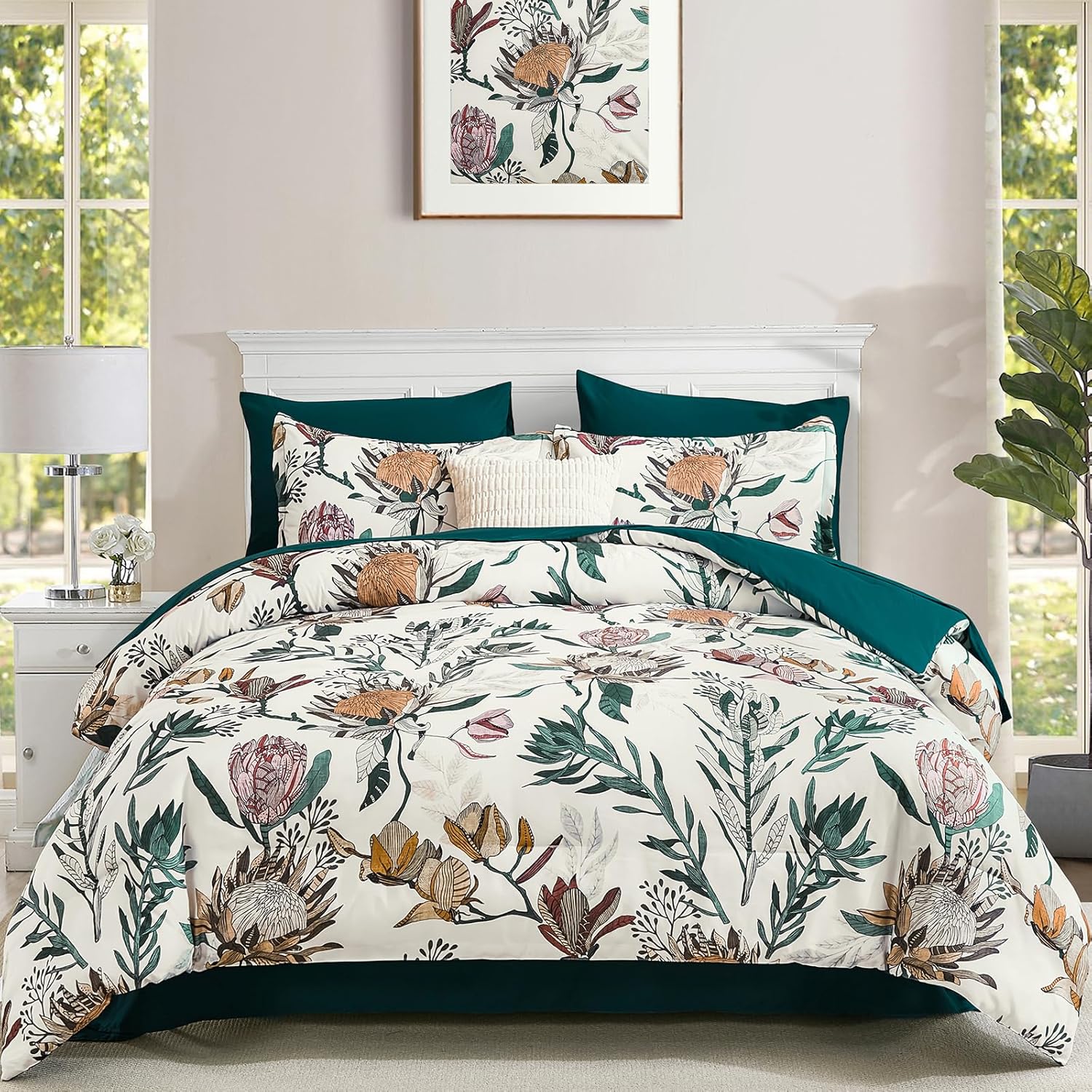 Luxudecor Floral Comforter Set Queen Bed in a Bag Set,7 Pieces Beige Floral Comforter and Sheet Set,Soft Microfiber Bedding Sets for All Seasons (Beige,90"X90")