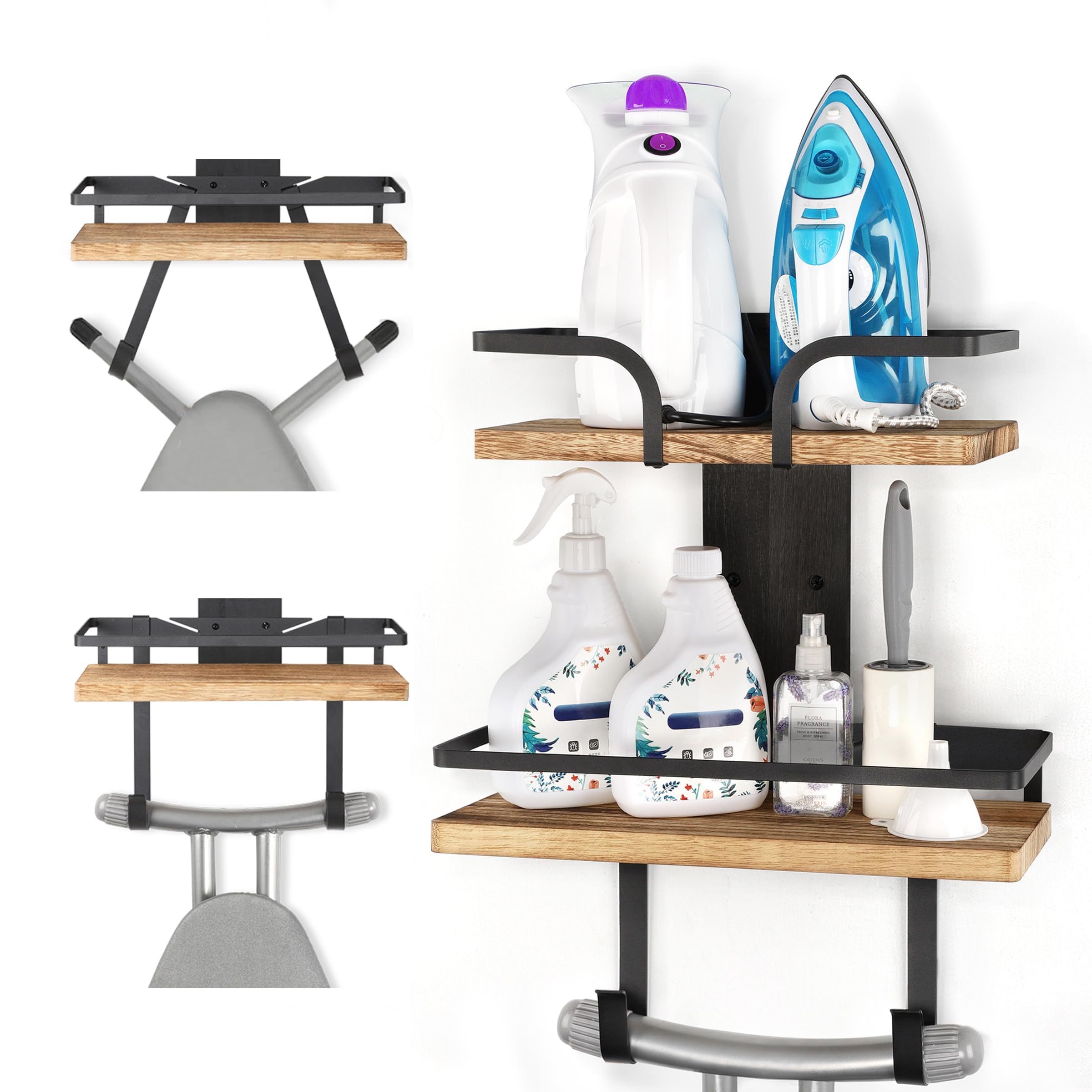 VINCOURNA Ironing Board Hanger, 2-Tier Iron Holder Wall Mount with Removable and Adjustable Hooks (T&Y Shaped), Wood Ironing Board Hook for Laundry Utility Room Accessories - Carbonized Black