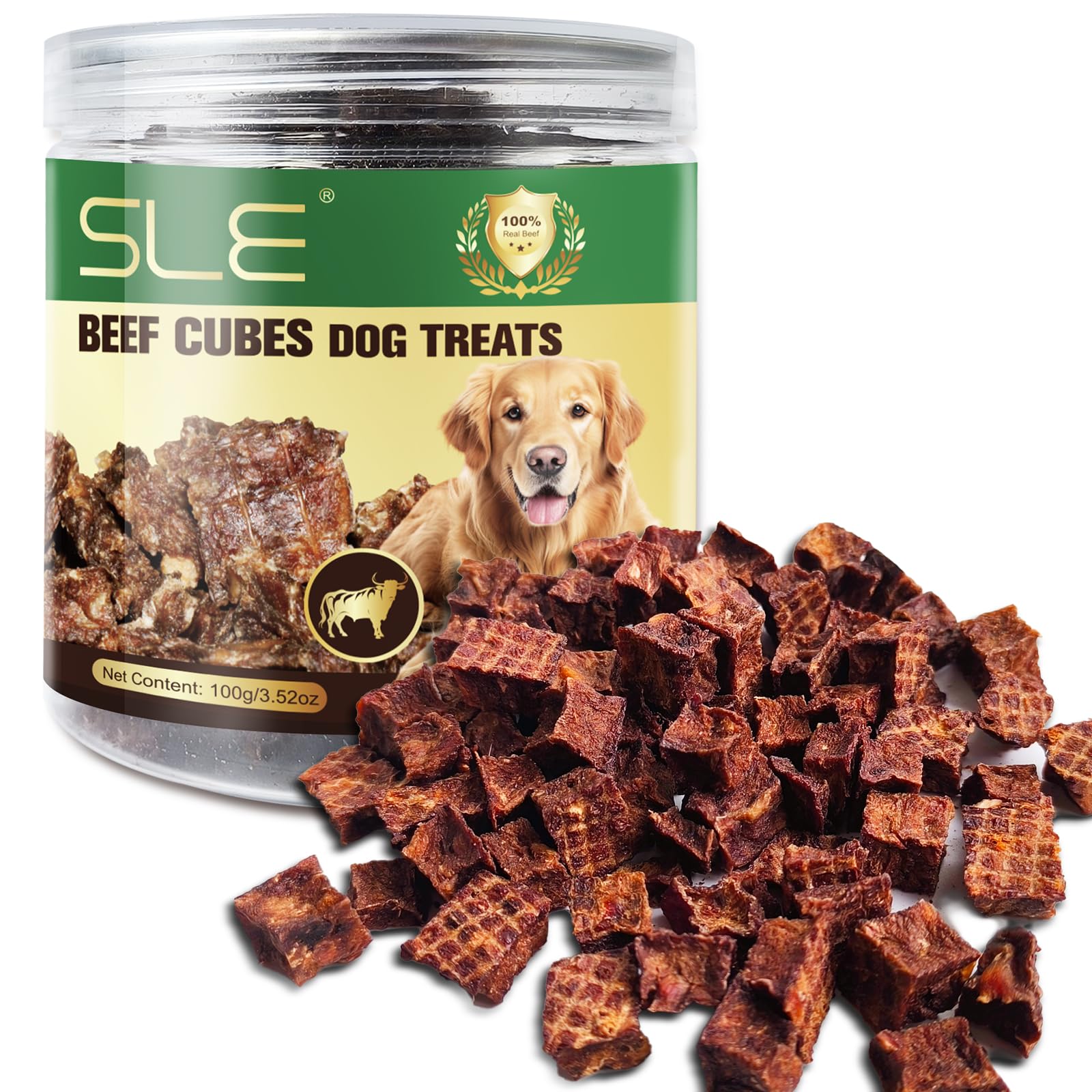Dog Beef Treats, Rawhide Free Grain Free Snack Chewy Beef Cubes for Dogs Natural Low Fat Dog Training Rewards-100g