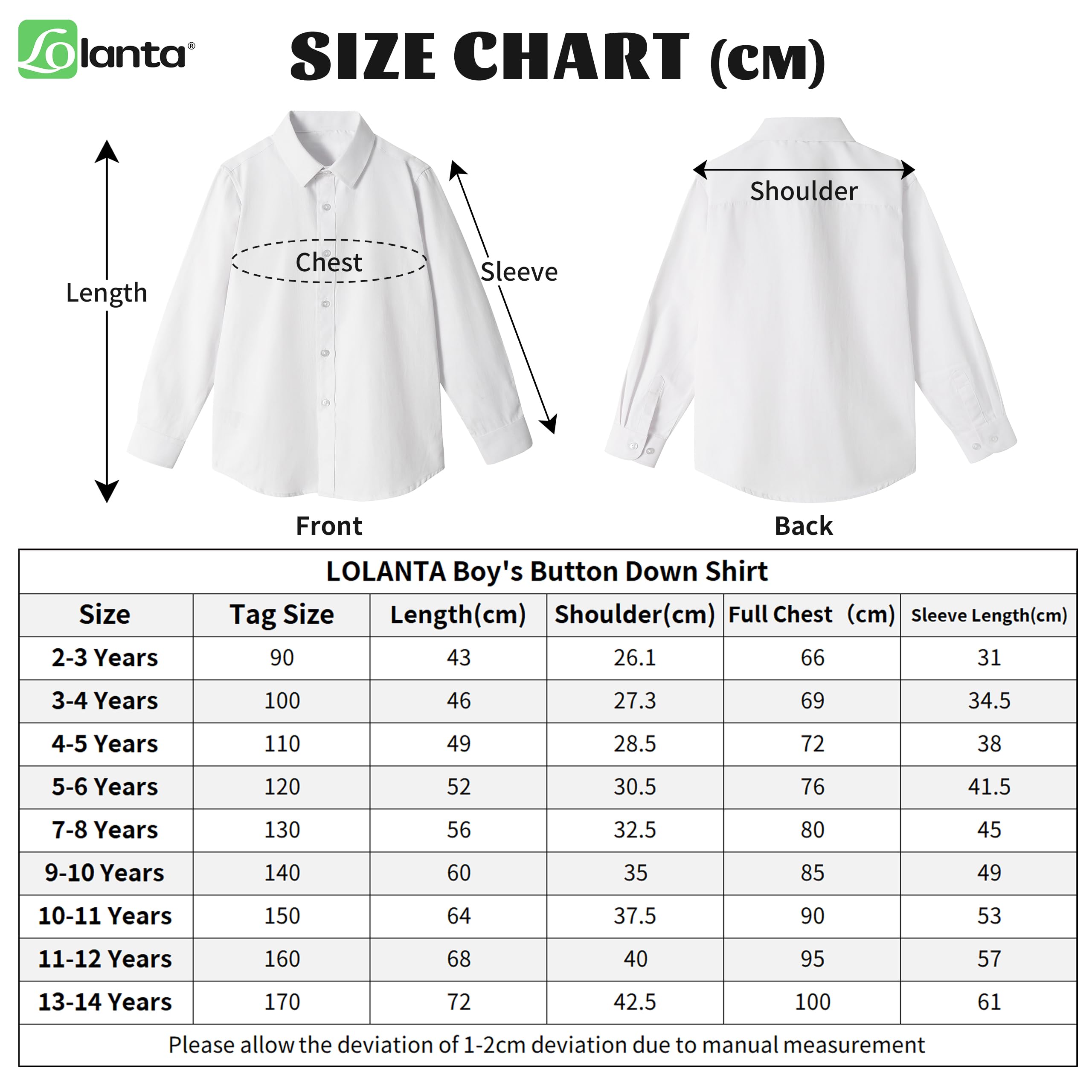 LOLANTA Niños Botón Abajo Camisa Manga Larga Color Sólido Formal Vestido Camisa Niños Uniforme Escolar Camisa