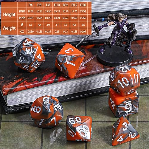 Vista 108 de CiaraQ DND - Juego de dados poliédricos con una bolsa de dados negra para juegos de mesa de rol D&D RPG MTG Rojo mezclado con naranja + purpurina