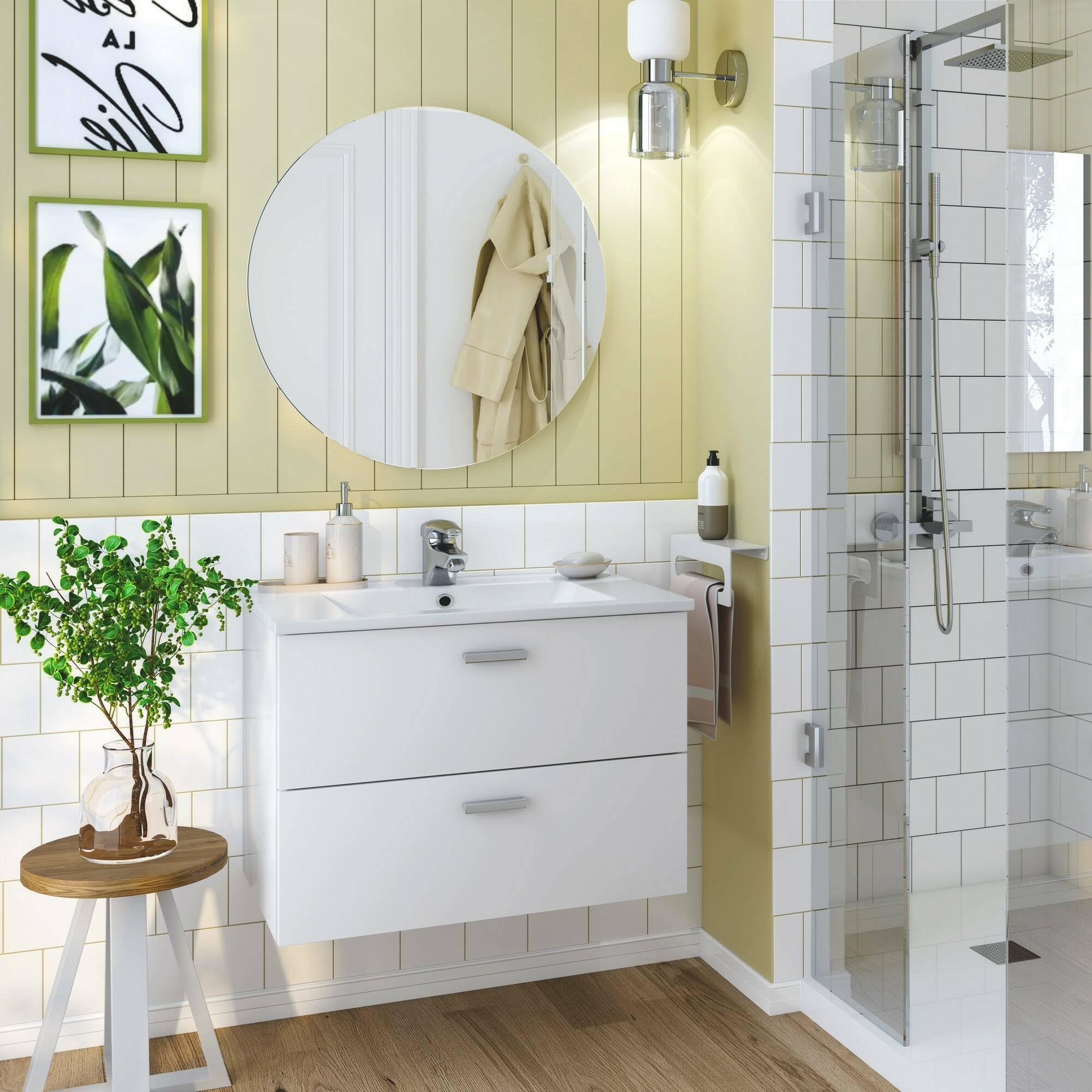 Dmora Mobile sottolavabo Denison, Mobiletto da Bagno, Contenitore Porta lavabo, Armadio per lavandino, 70x45 h50 cm, Bianco Lucido