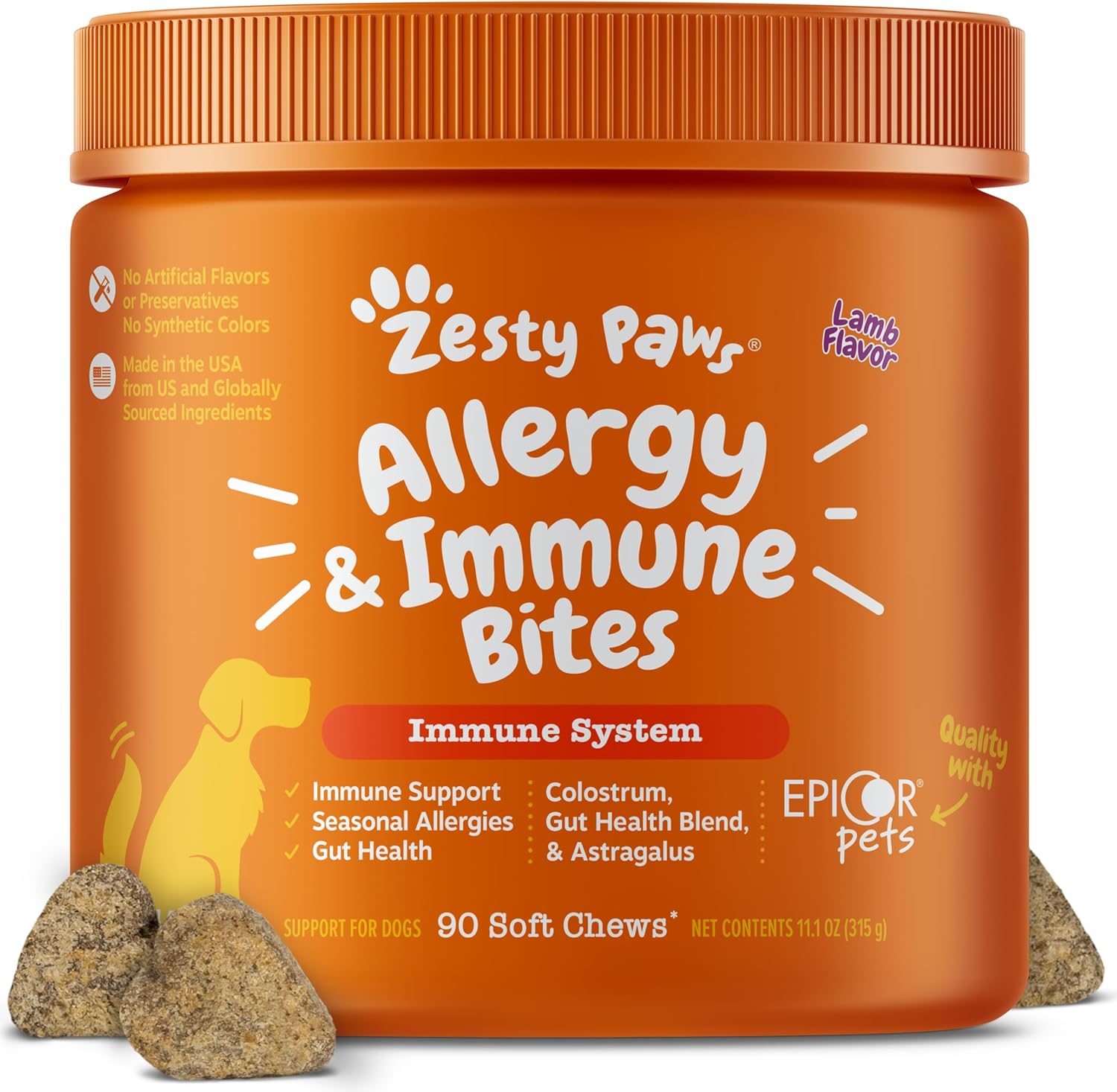 Zesty Paws Dog Allergy Relief Chews, Dog Probiotics for Itchy Skin and Ears, Lamb, 90ct