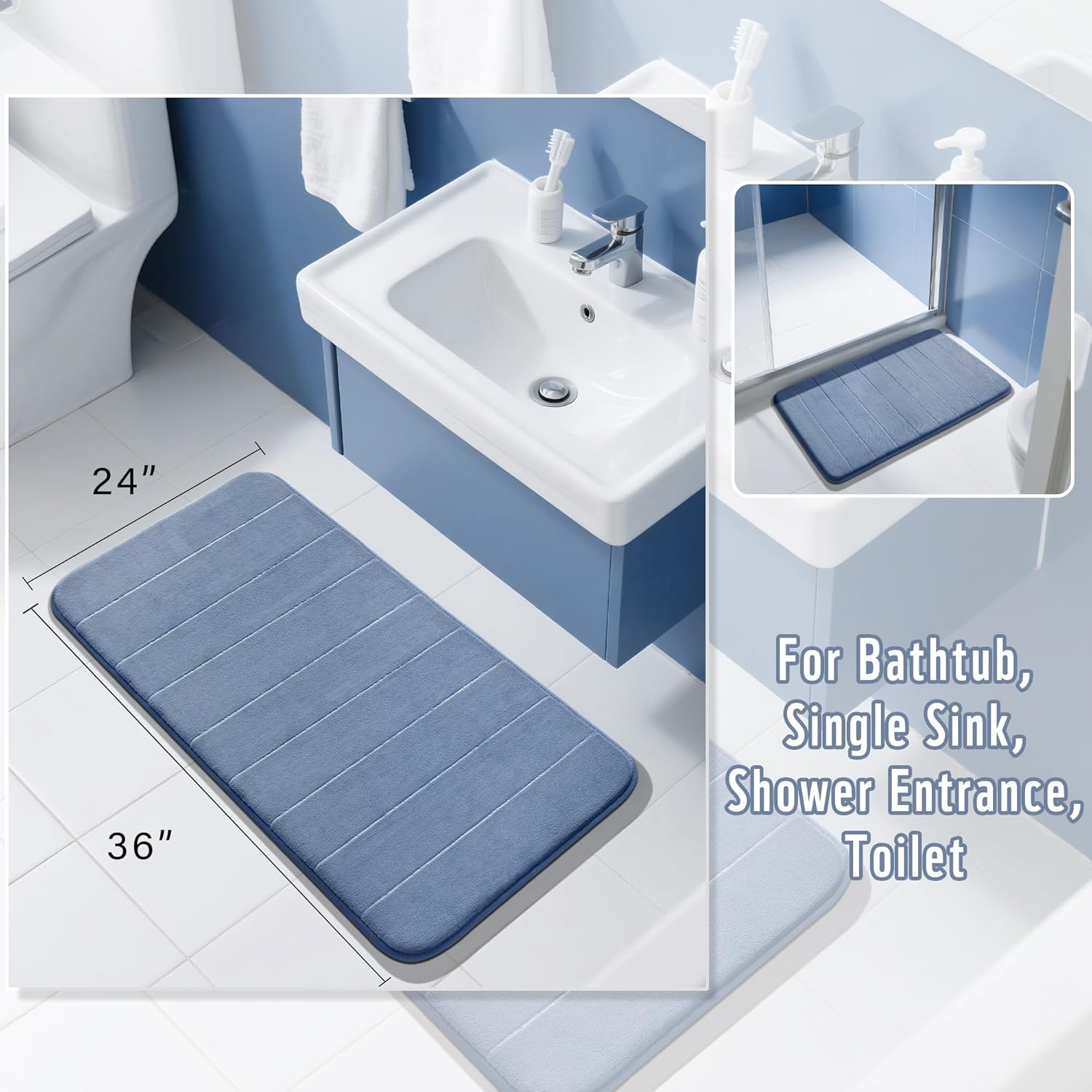 Yimobra Large Bath Mat 36"x24", Super Soft Quick Dry Memory Foam Bathroom Rug, Water Absorbent, Non Slip Backing Machine Washable for Tub Shower, Thick Comfort Support, Denim Blue - Image 2