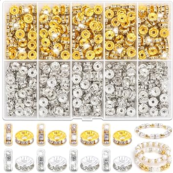 Rondelle Spacer Beads for Jewelry Making, 600 Pieces Rhinestone Spacer Beads Crystal Bead Spacers for Bracelets, Focal Beads for PensSilver and Gold