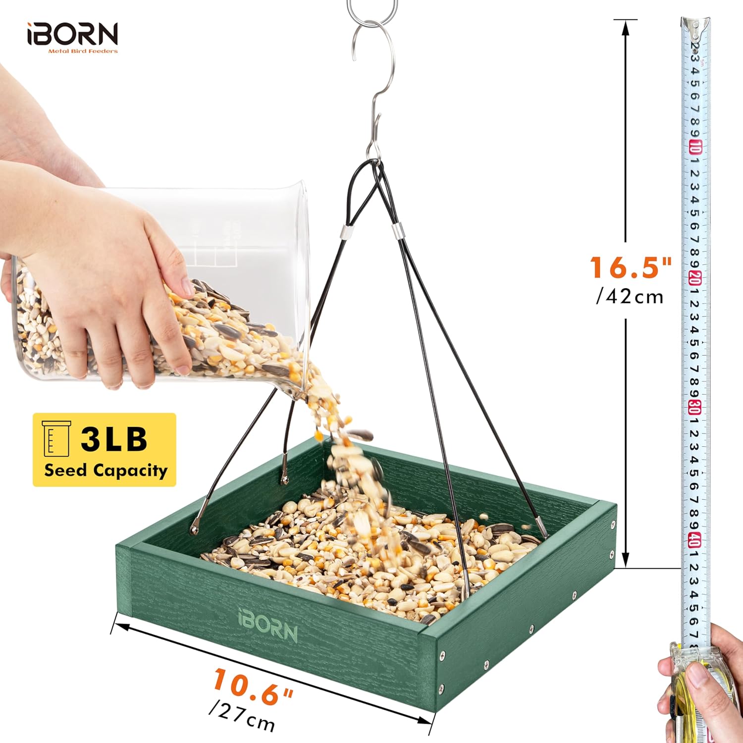 iBorn Platform Bird Feeder Tray Bird Feeders for Outdoors Hanging for Outside Flat Birdfeeder Tray with Large Capacity 3LBS, WPC Recycled Plastic & Cedar Look, Waterproof, 10.6"x10.6", Green