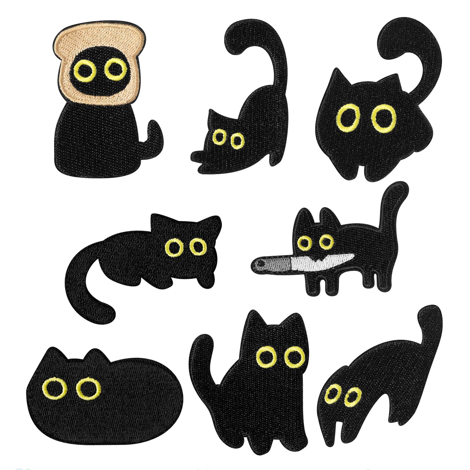 Nymora 8 Black Cat Embroidery Patches, Cute Animal Iron-On Backpack Patches for Clothing, Self-Adhesive Sewing Patches for Jackets, Jeans, Hats, Arts Crafts
