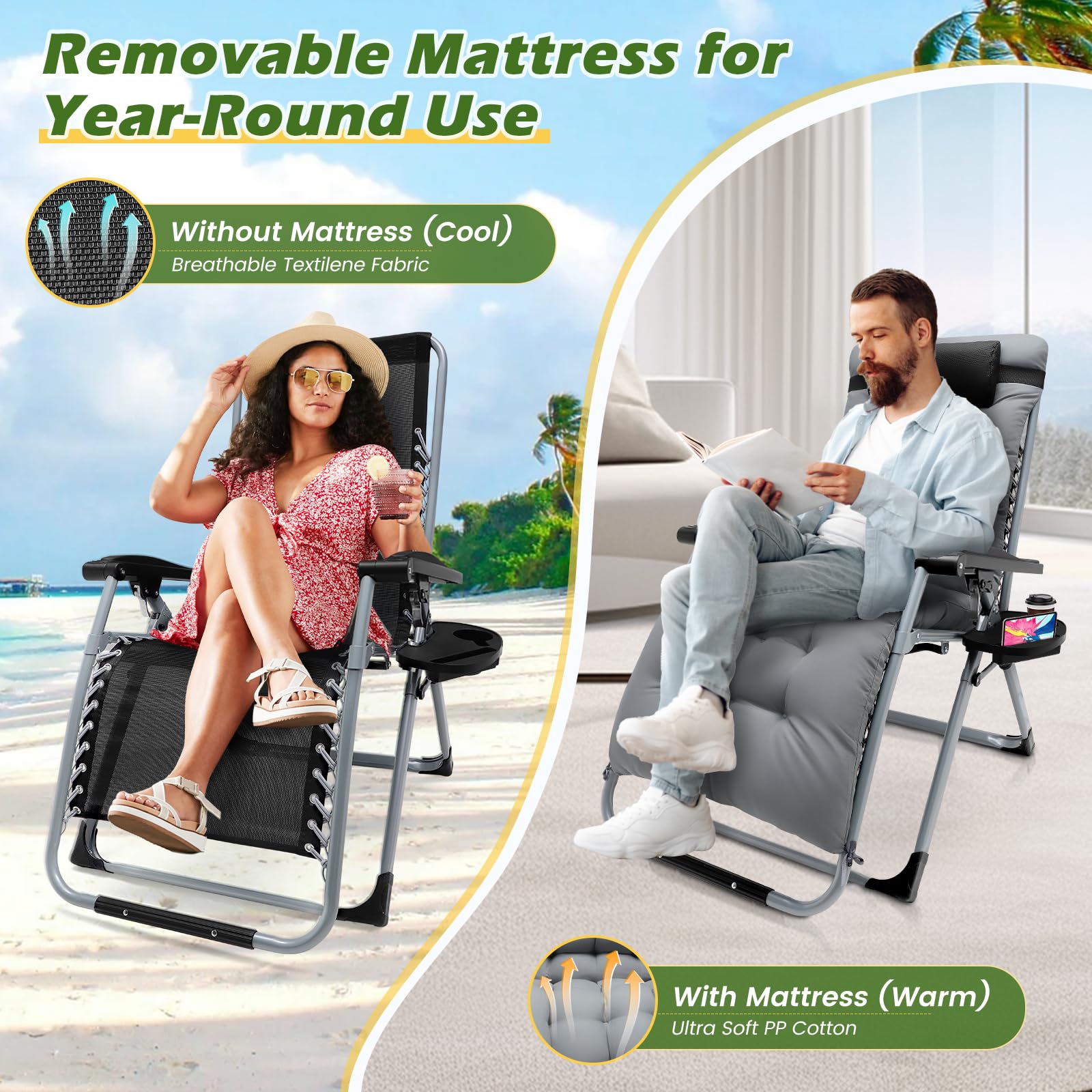 sdraio da giardino,sdraio da spiaggia,Sedia per gravità zero reclinabile all'aperto con portabicchieri, sedia per sdraio allungabile extra larga, con supporto per cuscini 200kg(72 cm grigio)