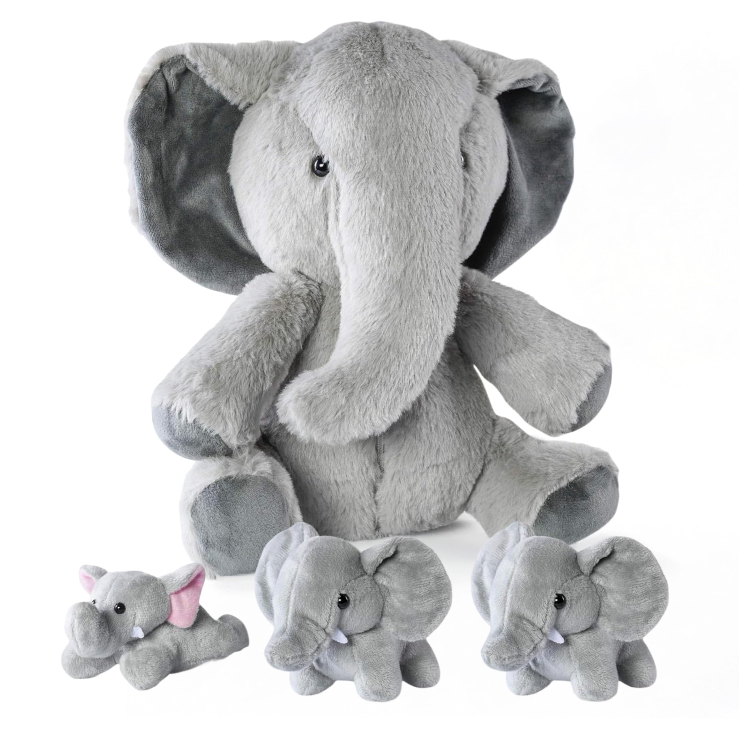 Prextex Carry Along Plüsch-Elefant mit 3 kleinen Plüsch-Elefanten – 4-teiliges Spielset für weiche Stofftiere