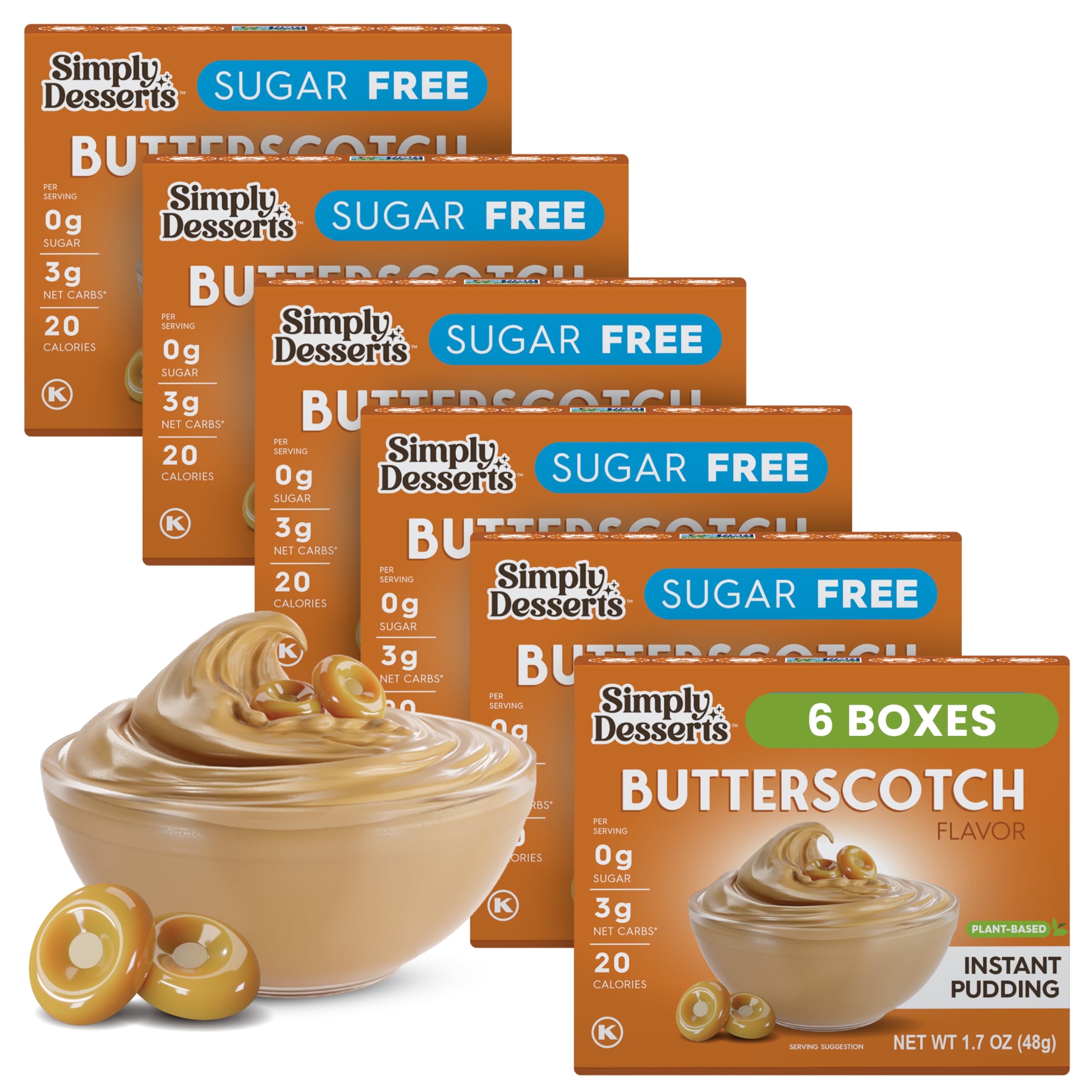 Simply Delish Desserts Instant Delicious Butterscotch 6 Pack Pudding Mix - Delicious Guilt Free Desserts - All Natural, Sugar Free, Non GMO, Gluten Free, Fat Free, & Vegan