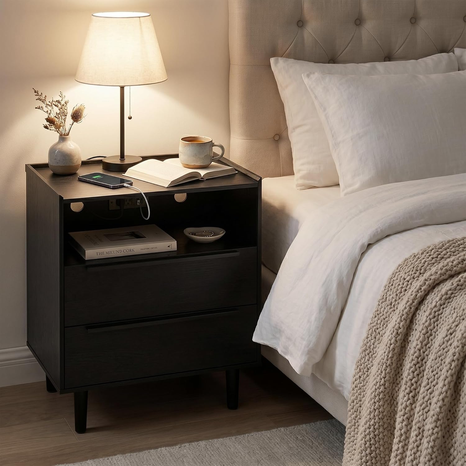 26" Tall Black Nightstand with Charging Station Set of 2, Modern Bedside Table with Tray Top, 2 Drawers & Open Shelf, Night Stand with USB Ports & Outlets for Bedroom Living Room